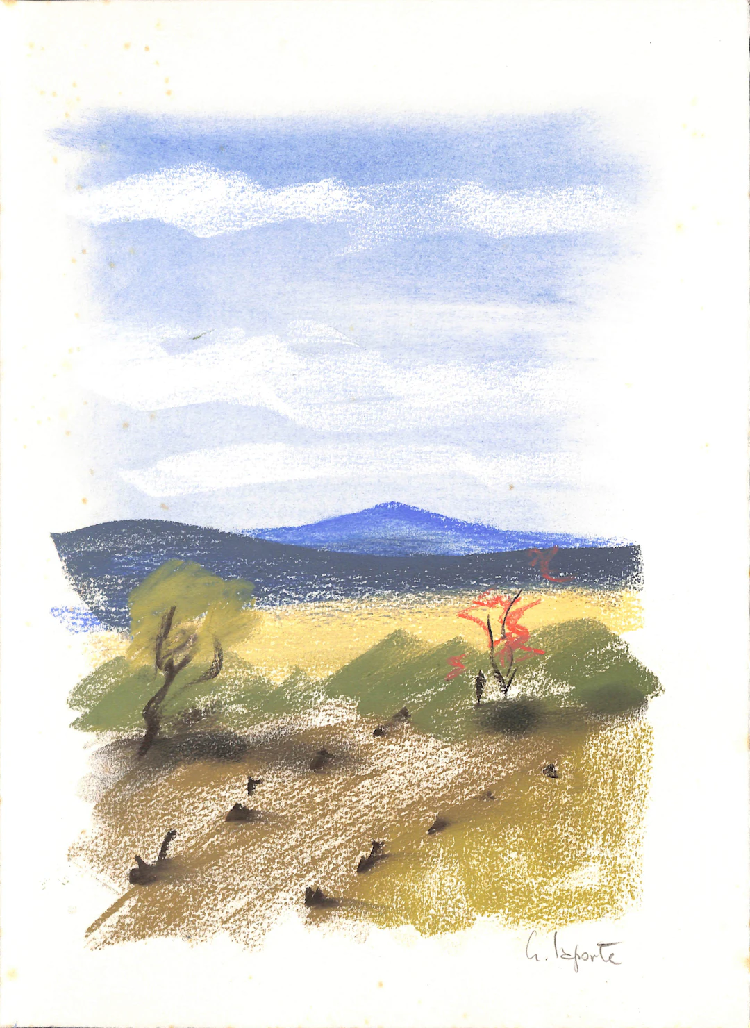 Georges LAPORTE - Face à la colline, 1974 - Dessin original au pastel signé