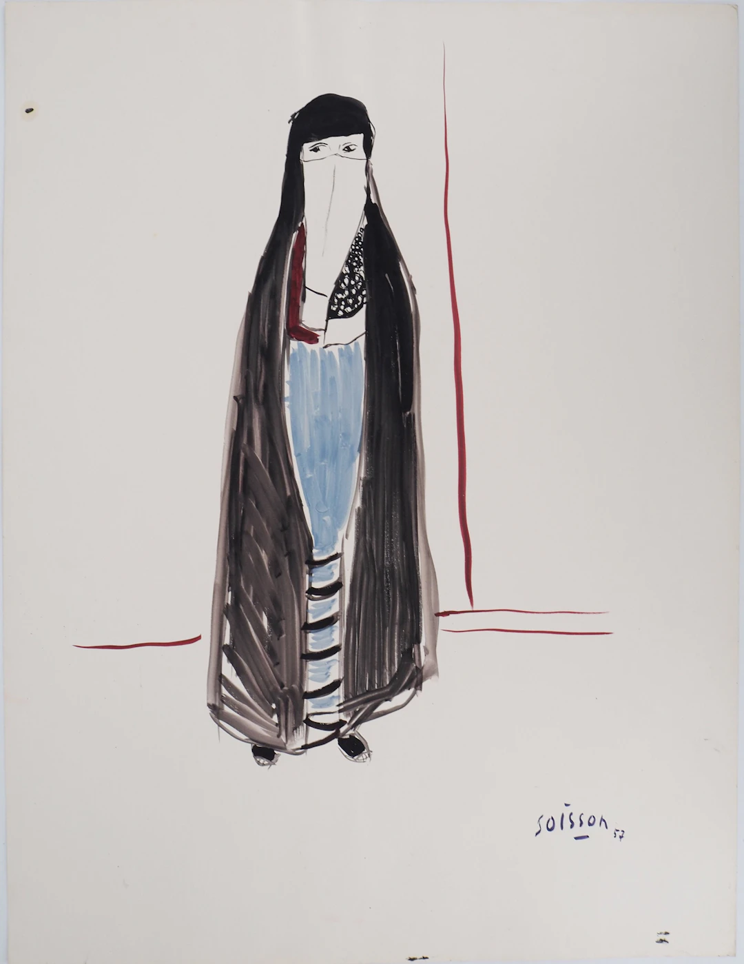 Jacques SOISSON : Femme au voile noir, Acrylique sur papier signée