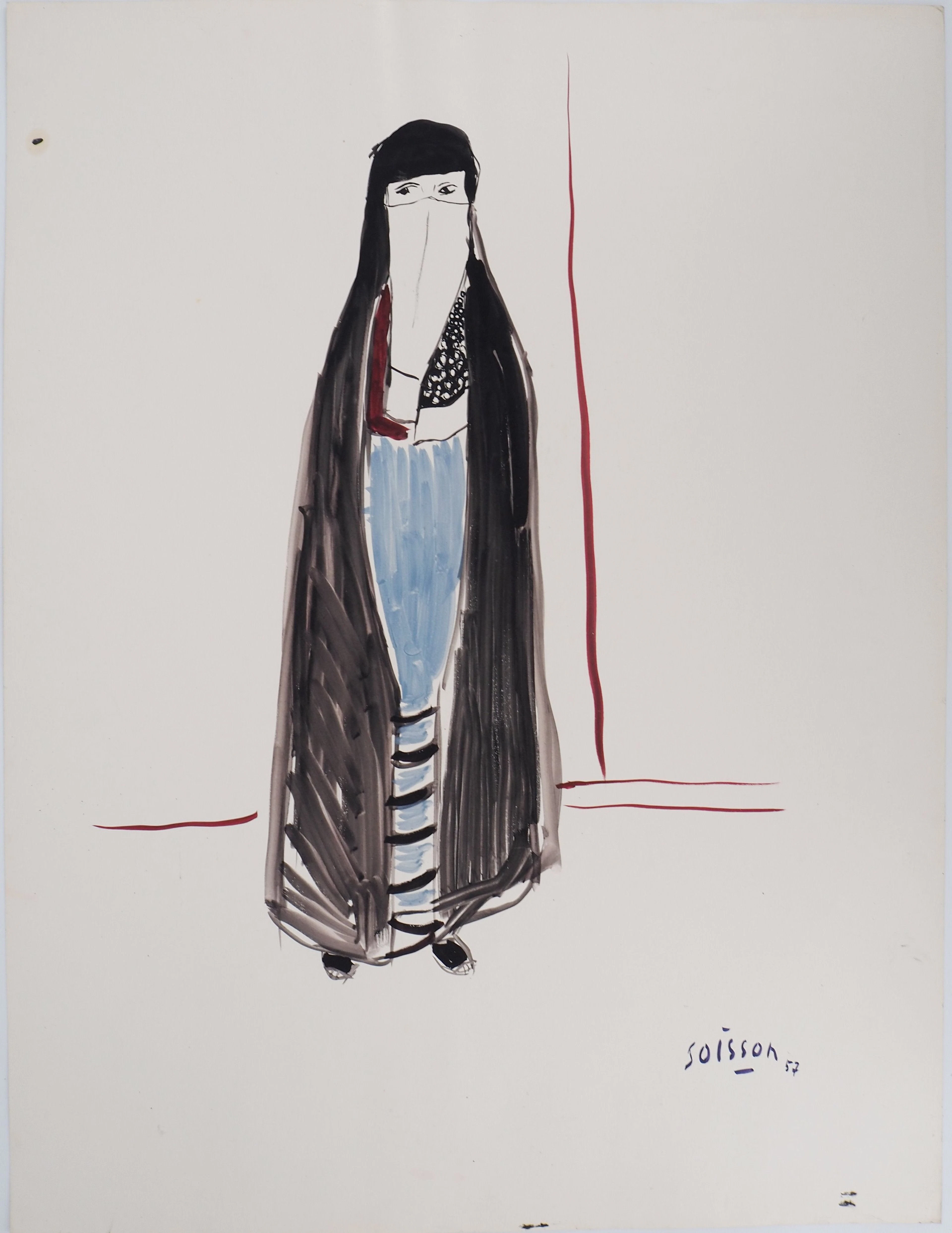 Jacques SOISSON : Femme au voile noir, Acrylique sur papier signée
