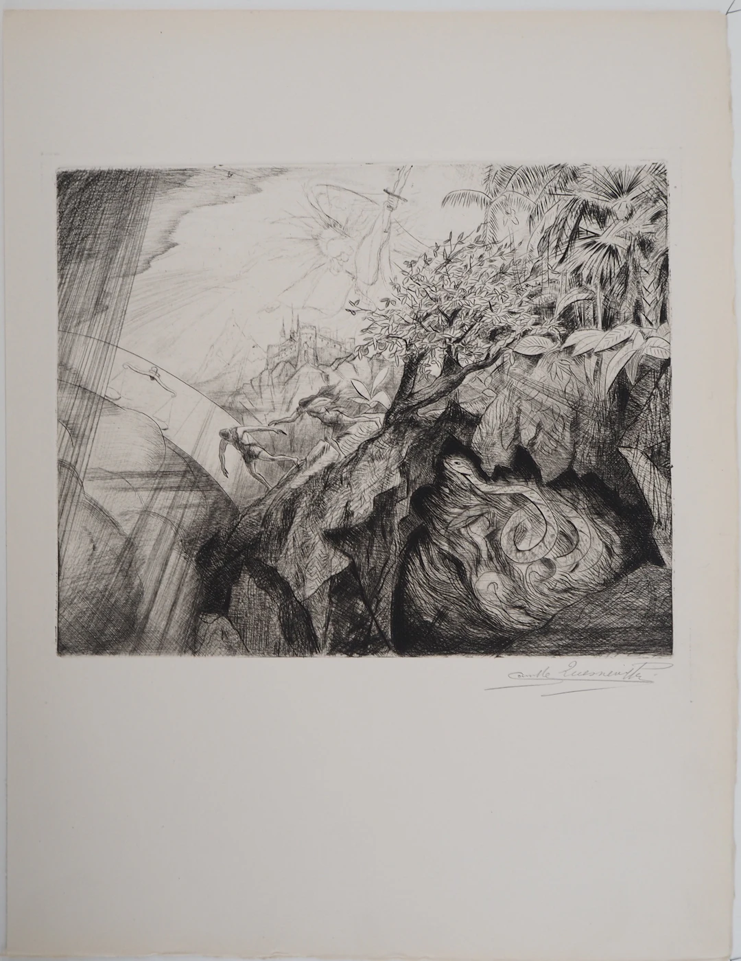Camille QUESNEVILLE - Adam et Eve chassés de l'Eden, vers 1950 - Gravure