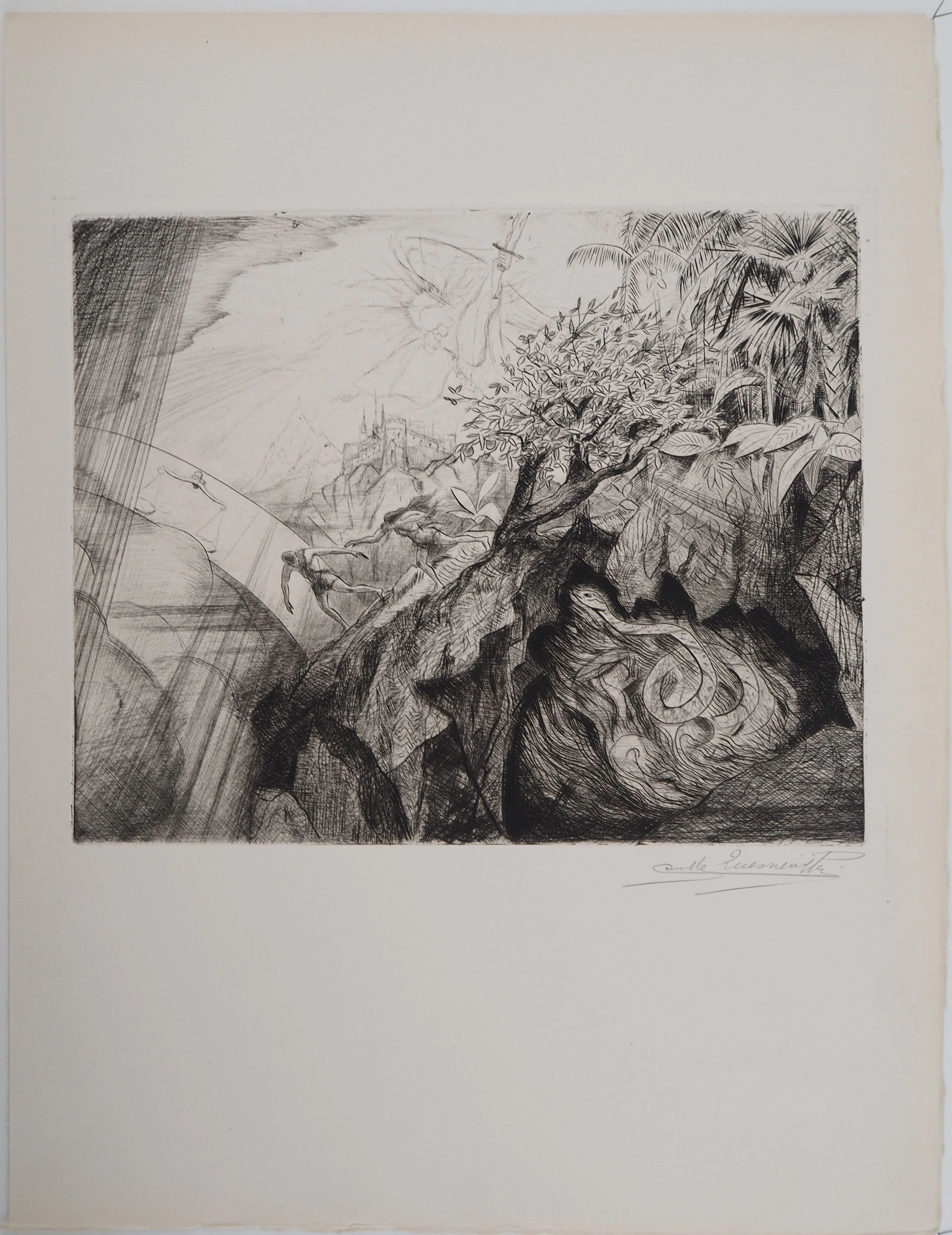 Camille QUESNEVILLE - Adam et Eve chassés de l'Eden, vers 1950 - Gravure