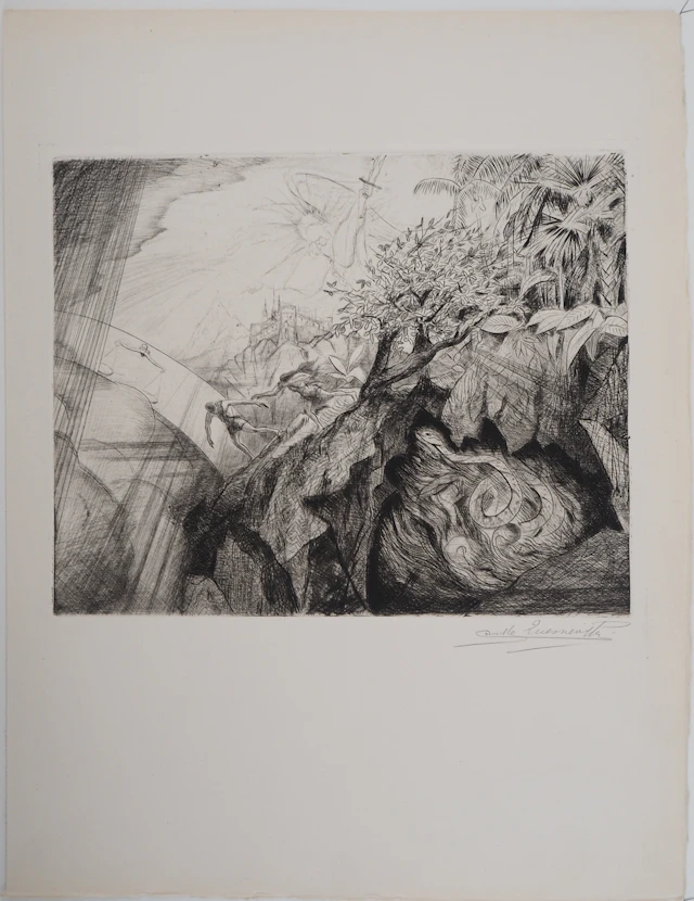 Camille QUESNEVILLE - Adam et Eve chassés de l'Eden, vers 1950 - Gravure