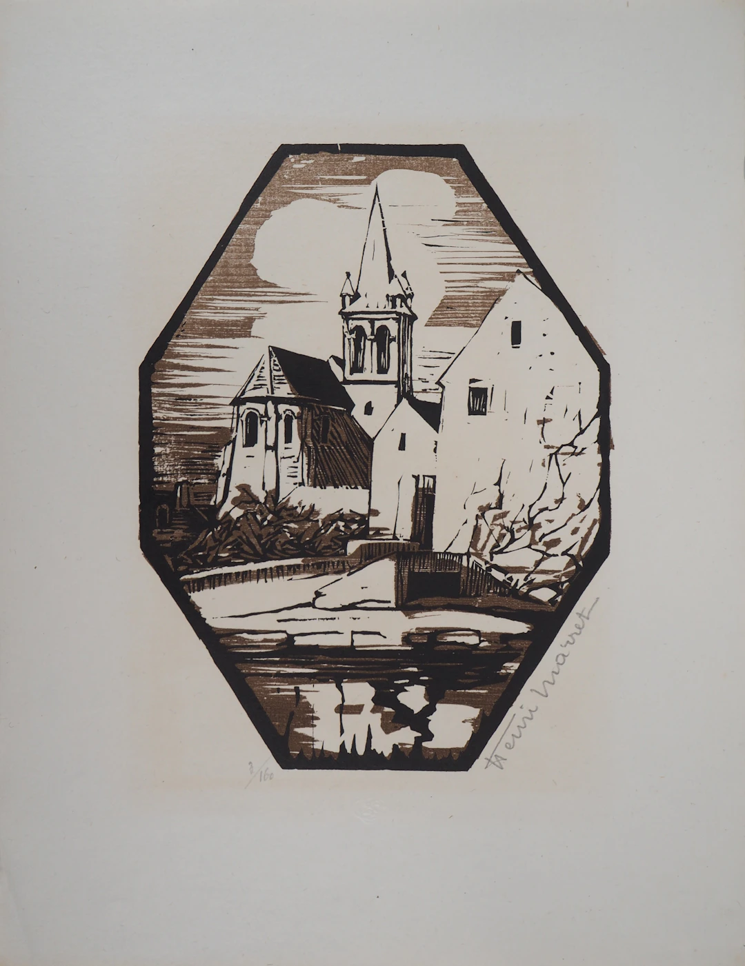 Henri MARRET : Eglise de Mareil - 1929 - Bois gravé original signé
