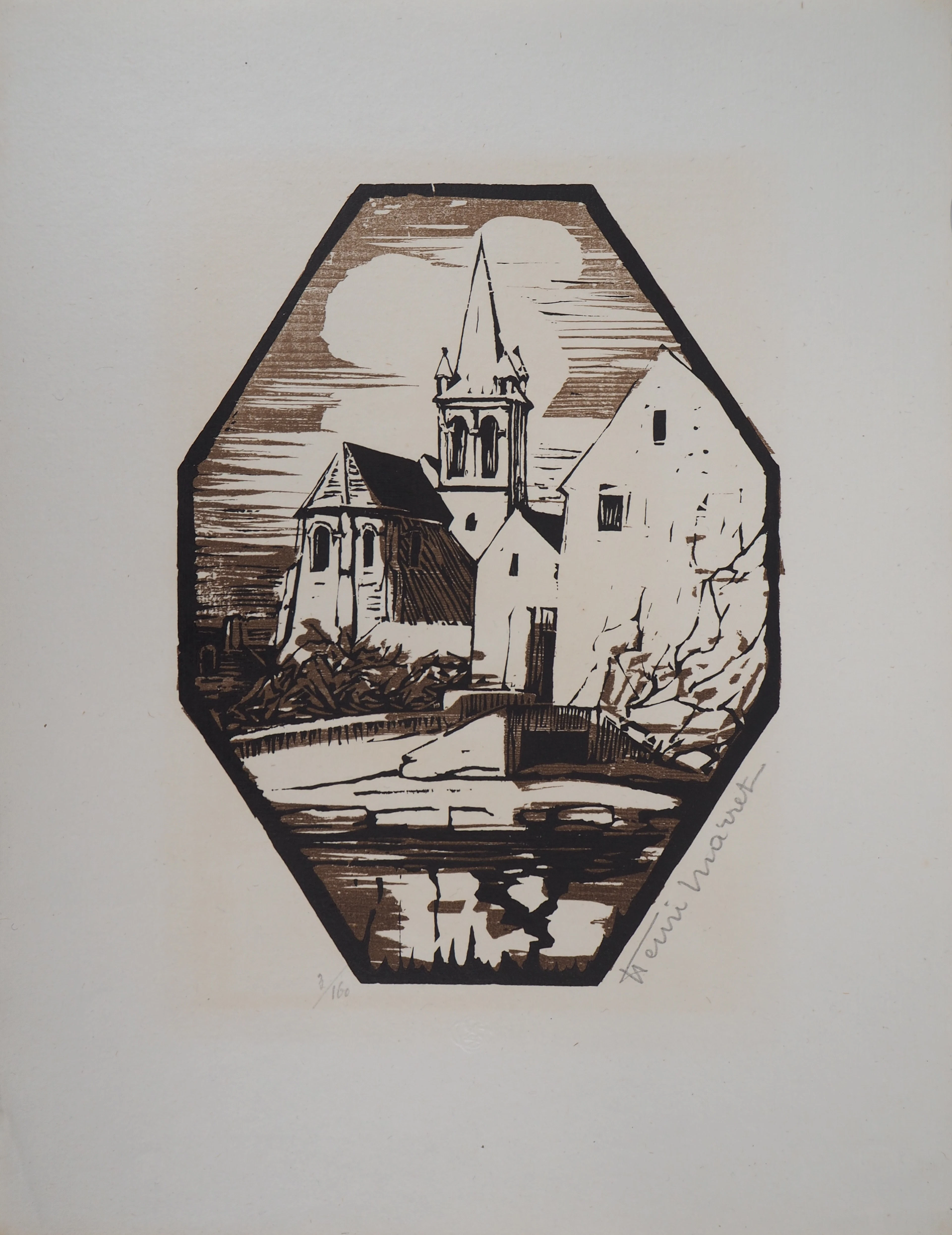 Henri MARRET : Eglise de Mareil - 1929 - Bois gravé original signé