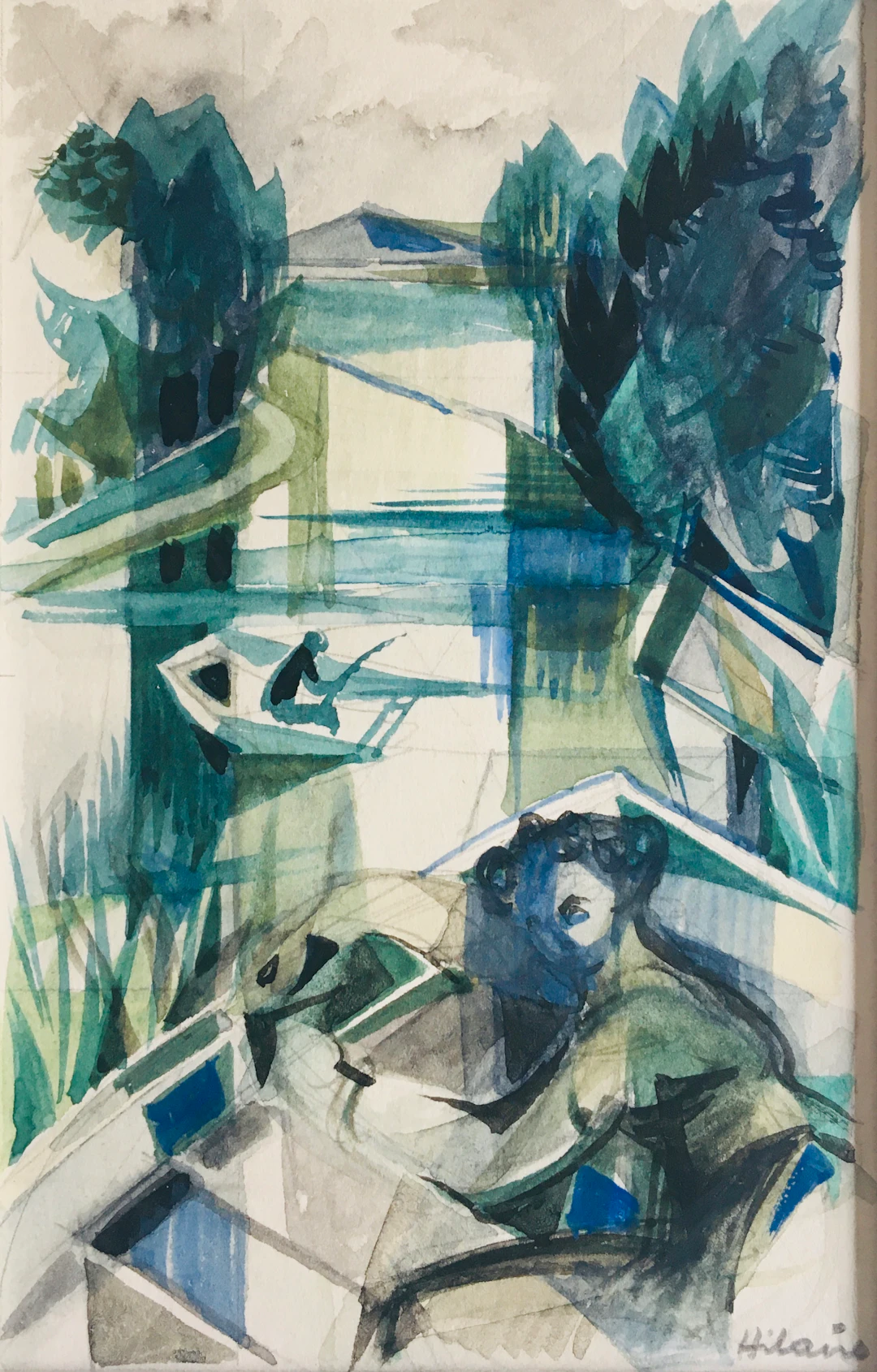 Camille HILAIRE - Sieste au bord de la Moselle, 1954 - Aquarelle originale