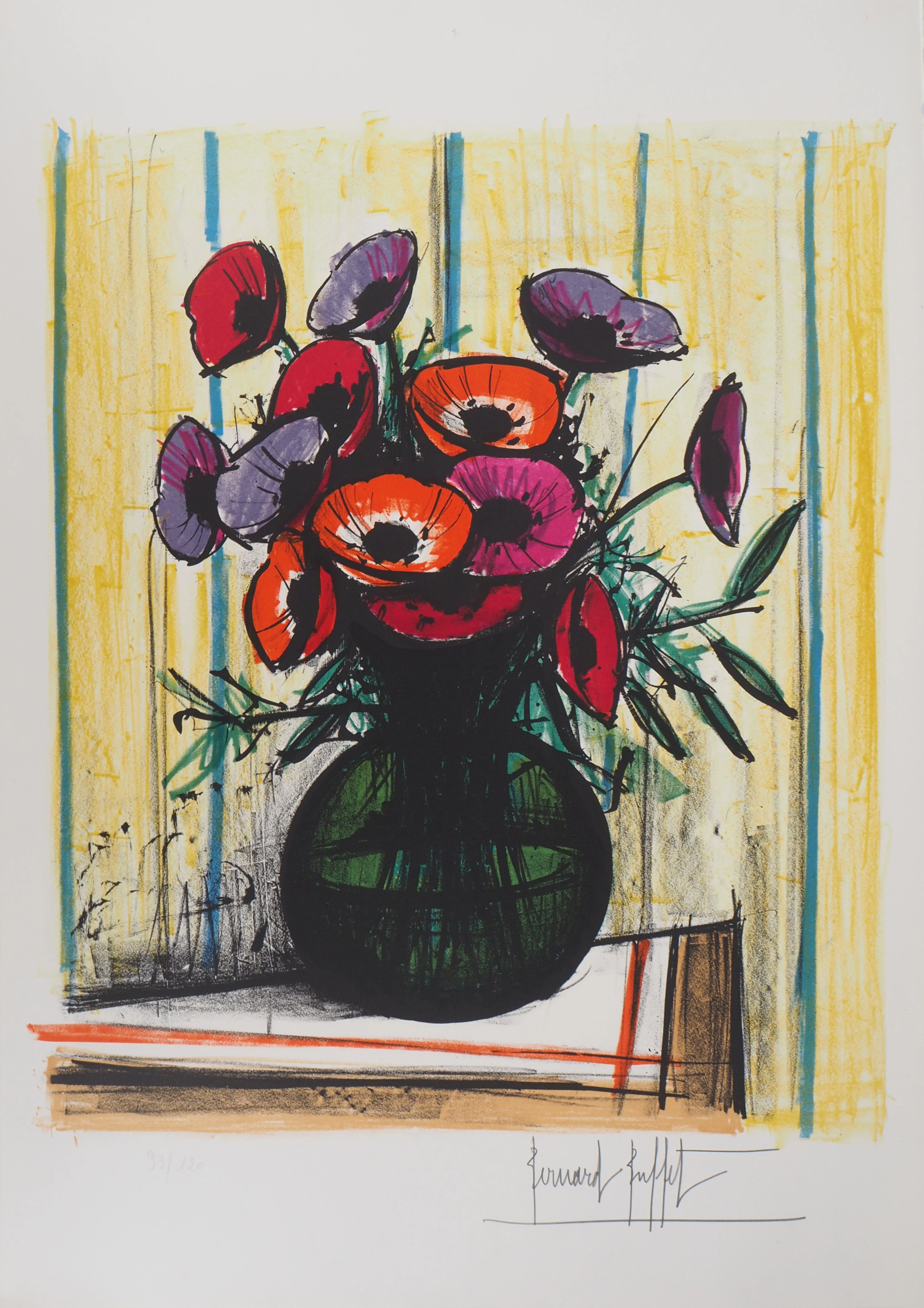 Bernard BUFFET : Les anémones - Lithographie originale, Signée au crayon