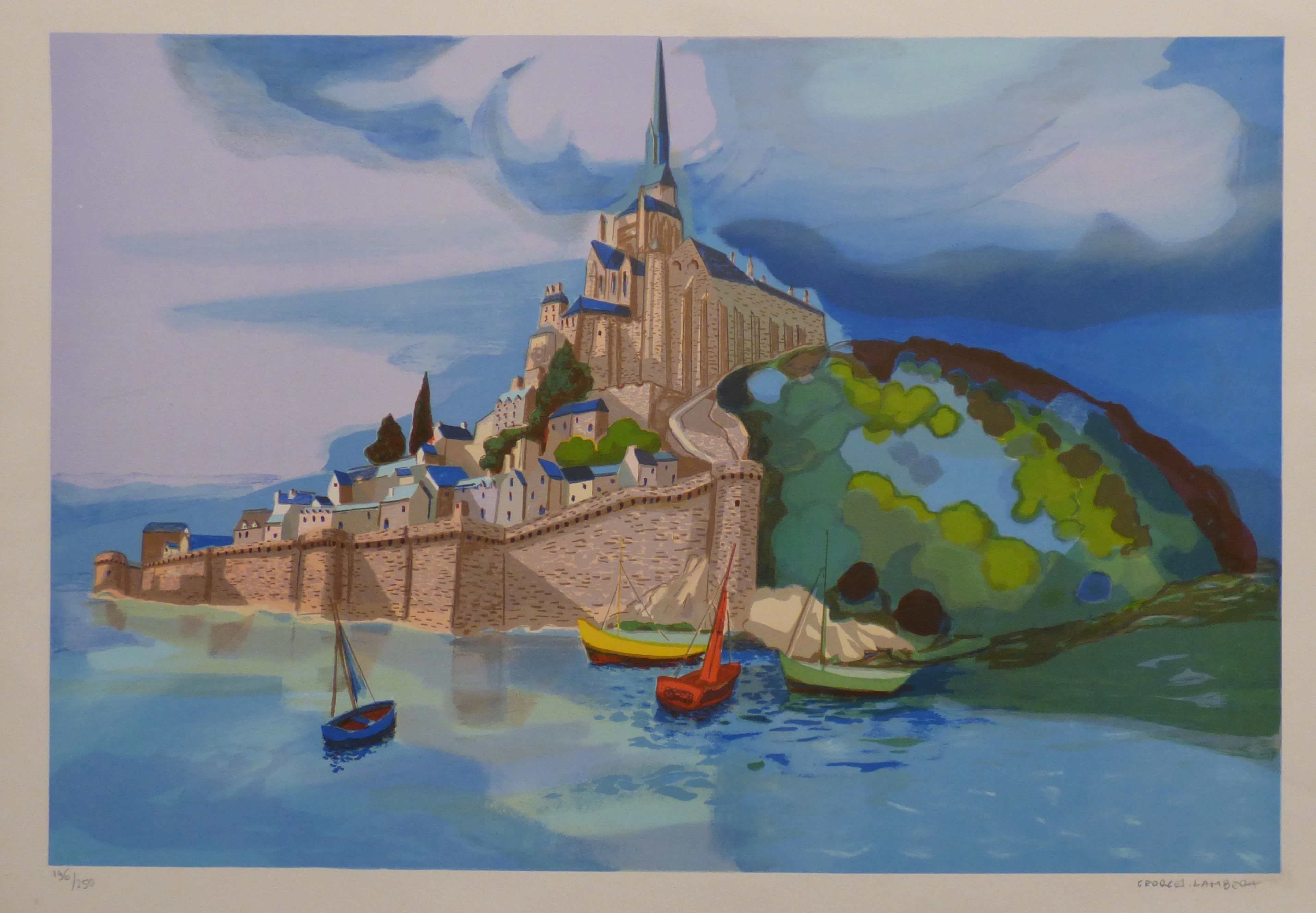 Georges LAMBERT - Le Mont Saint Michel à marée haute, 1980 - Lithographie
