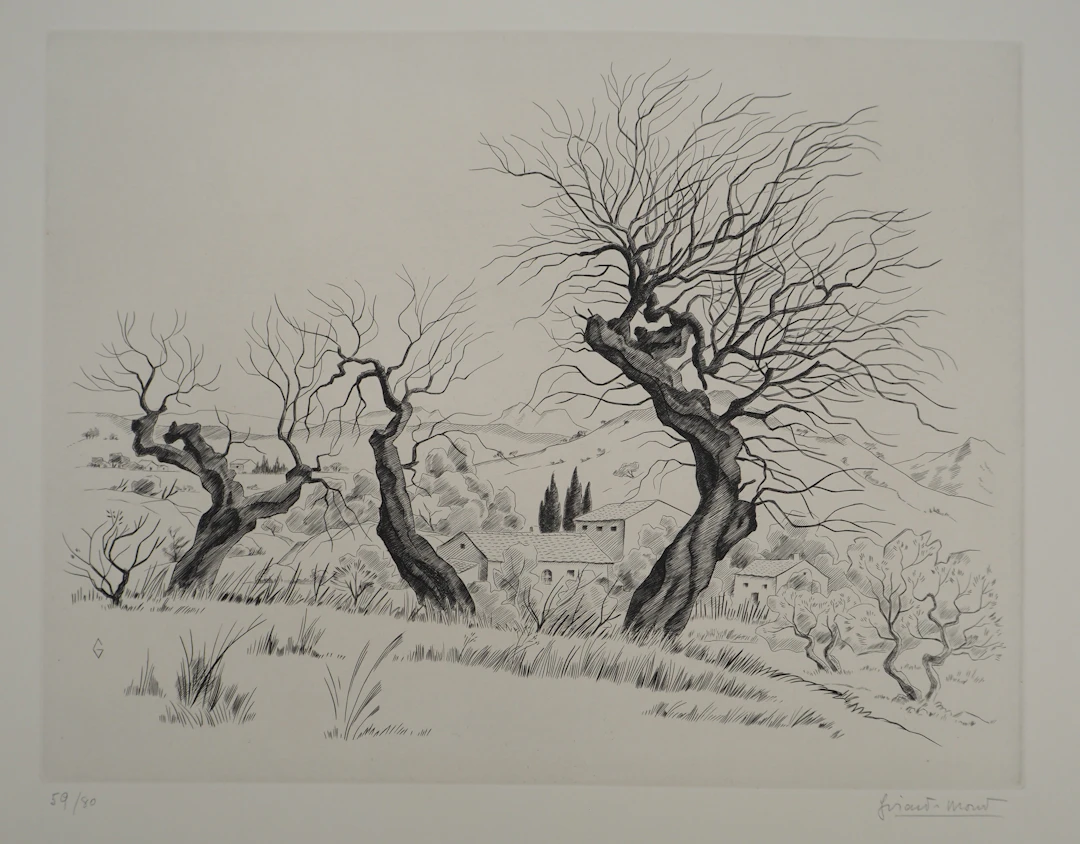 Edmond GIRARD-MOND, Les 3 vieux amandiers, 1964 - Gravure sur cuivre