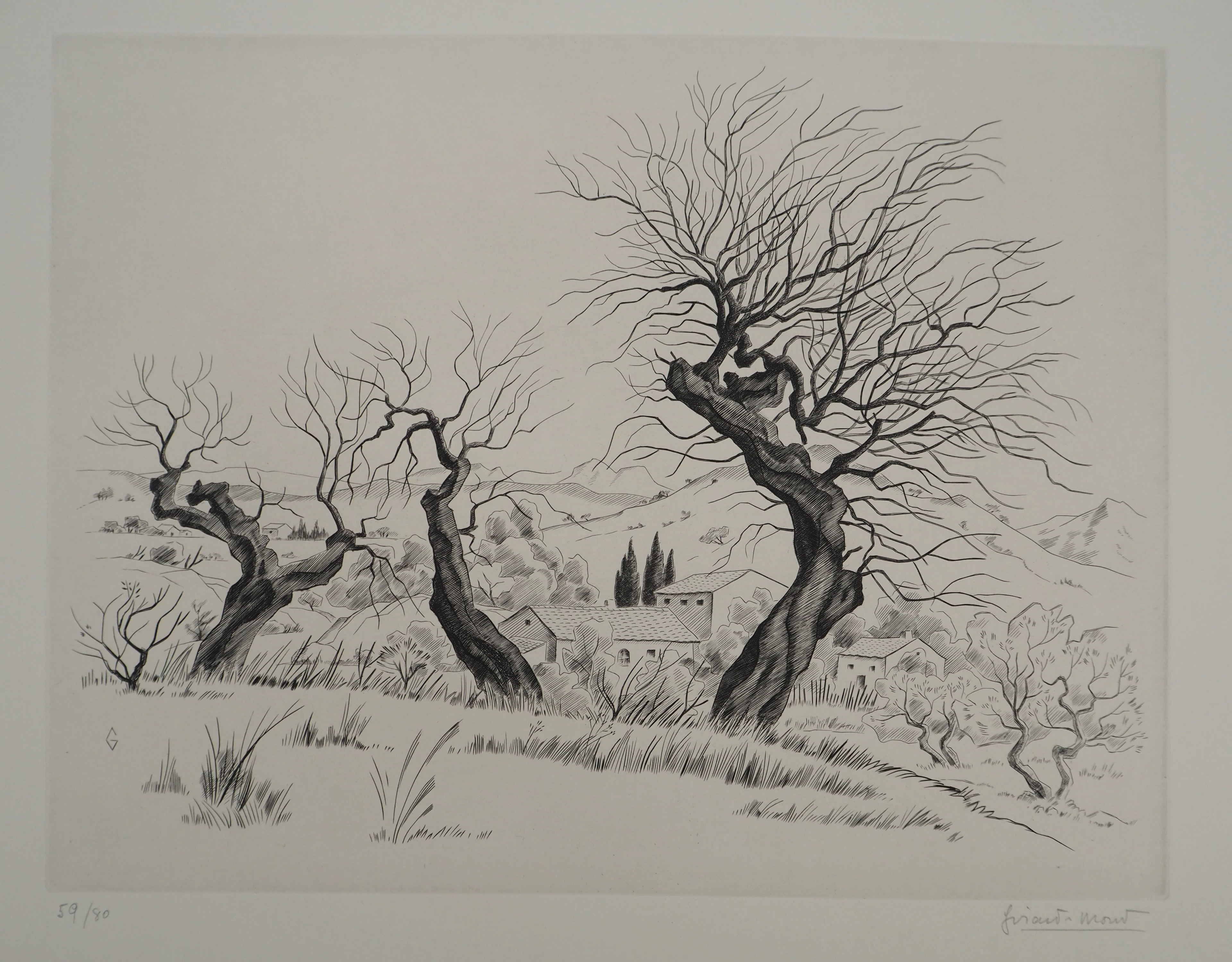 Edmond GIRARD-MOND, Les 3 vieux amandiers, 1964 - Gravure sur cuivre