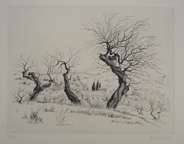 Edmond GIRARD-MOND, Les 3 vieux amandiers, 1964 - Gravure sur cuivre