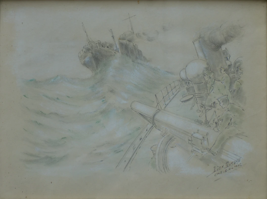 Léon BITEAU : Bataille navale, Dessin original signé - 1915