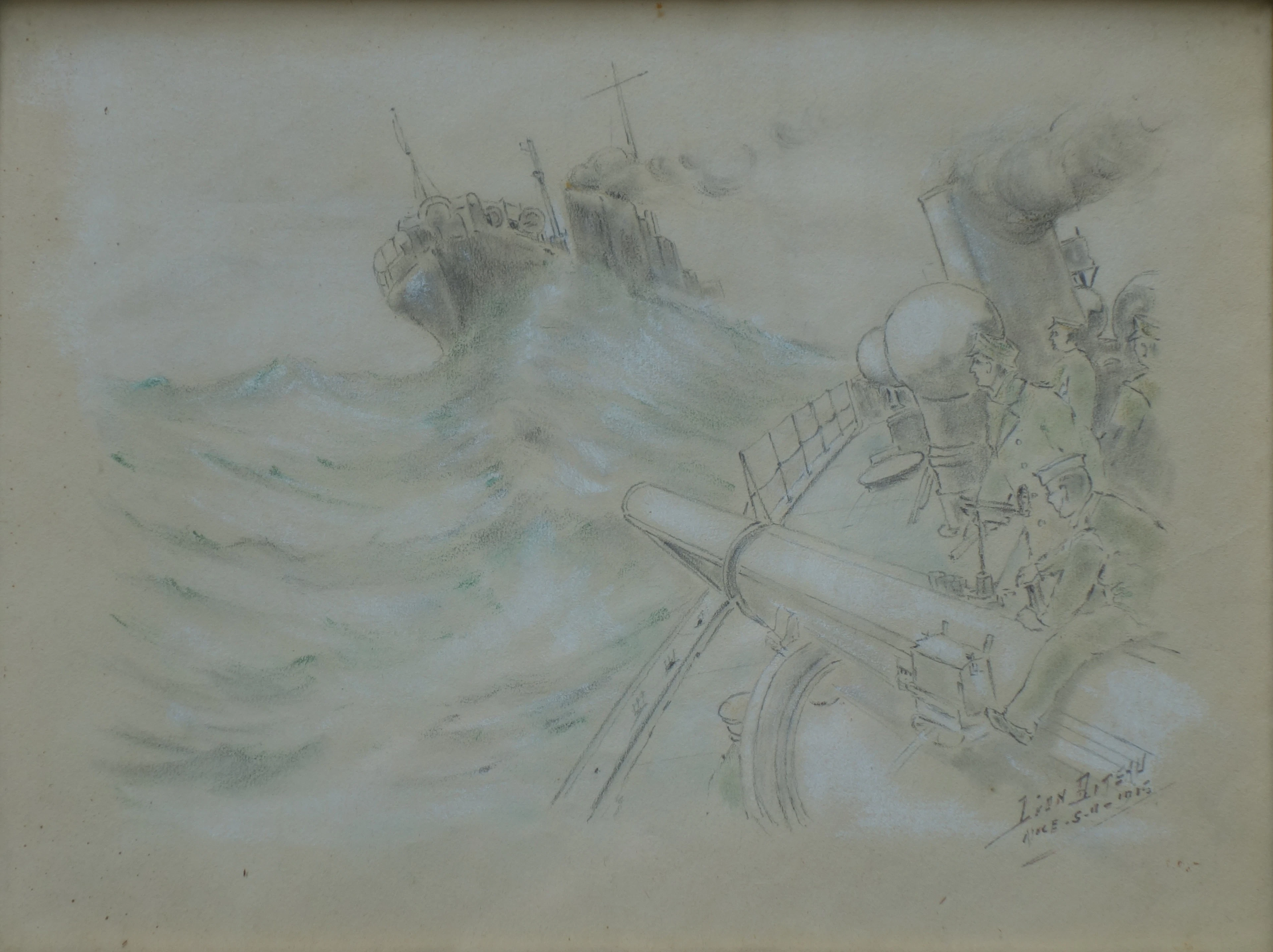 Léon BITEAU : Bataille navale, Dessin original signé - 1915