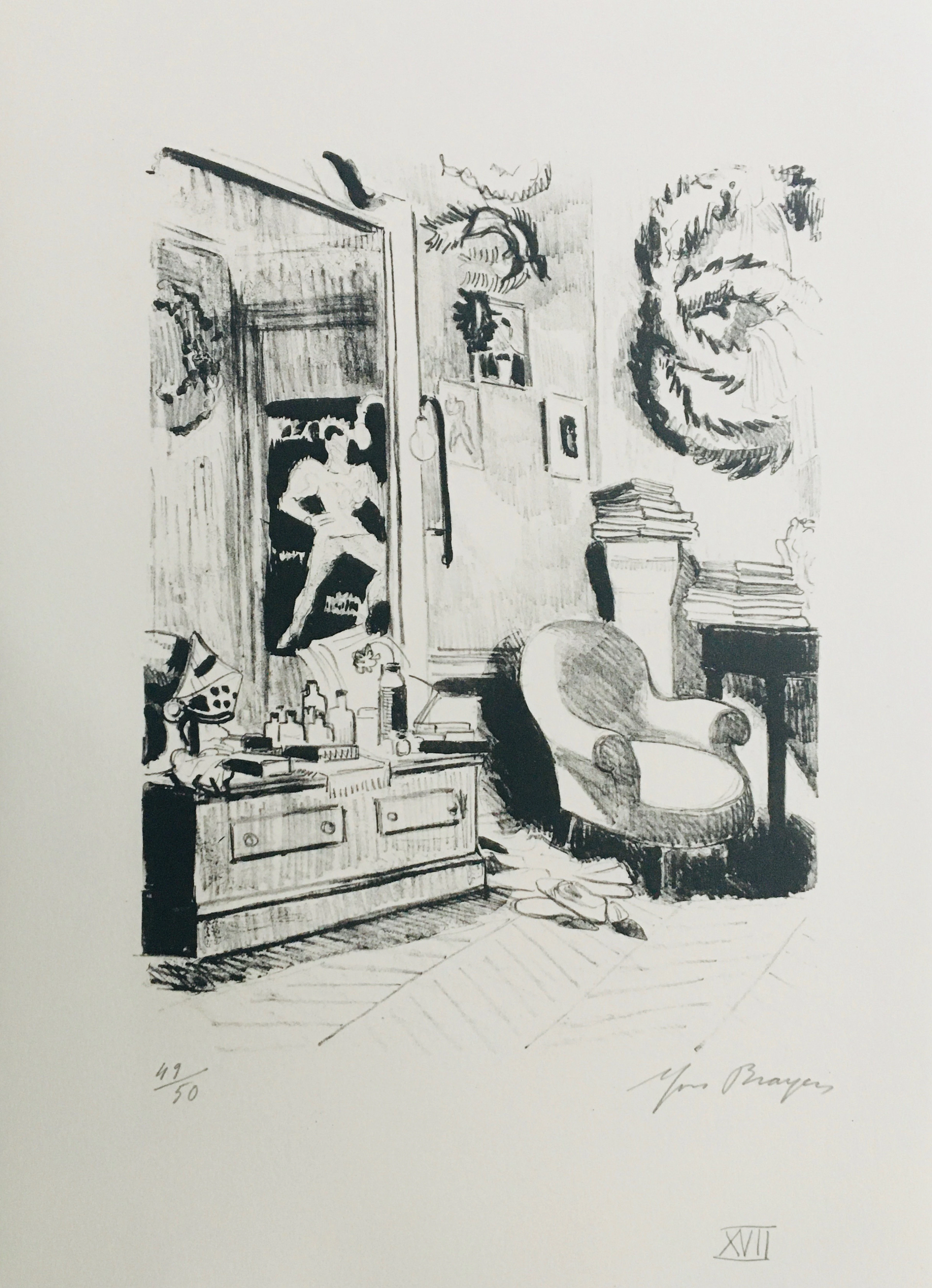 Yves BRAYER - La loge de Serge Lifar, 1969 - Lithographie signée au crayon