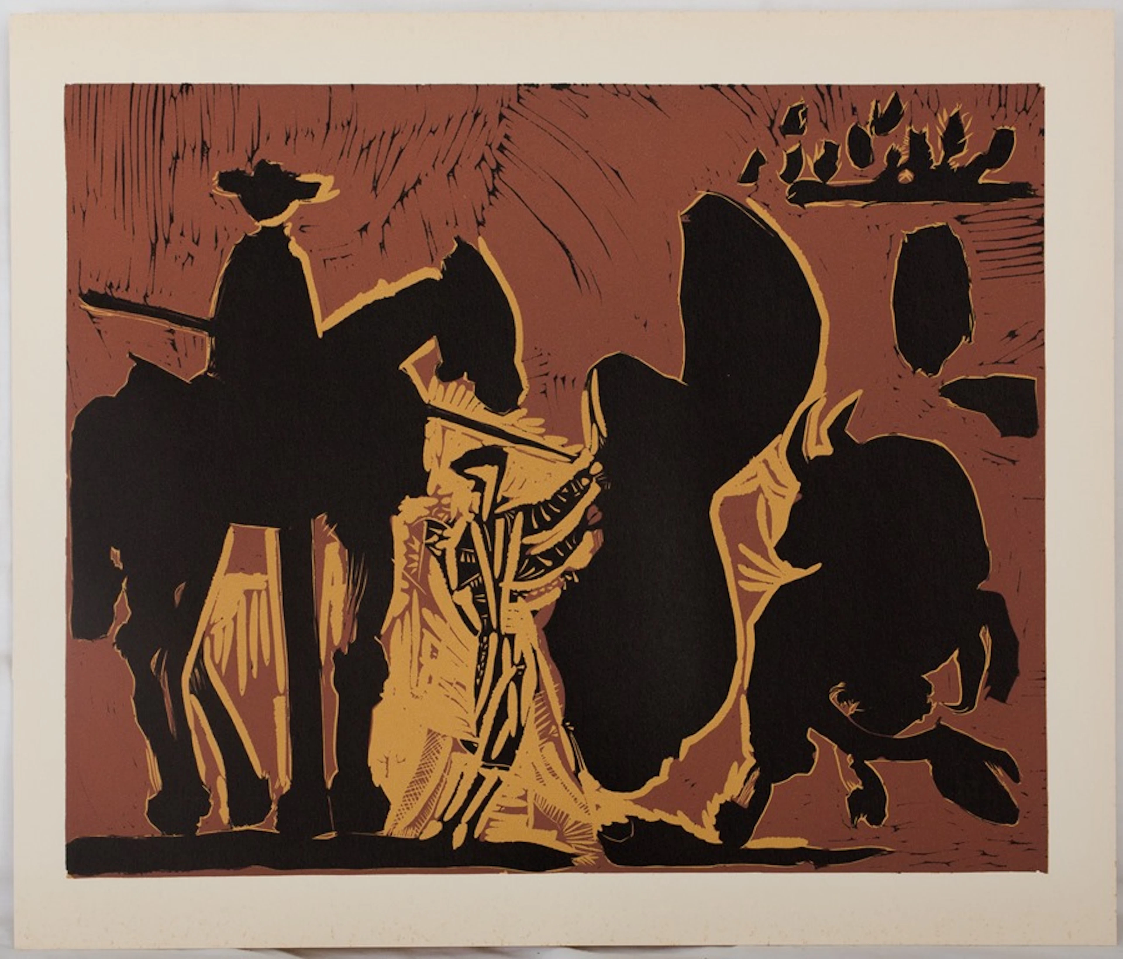 Pablo PICASSO : Corrida, Torero face au taureau - Linogravure (1962)