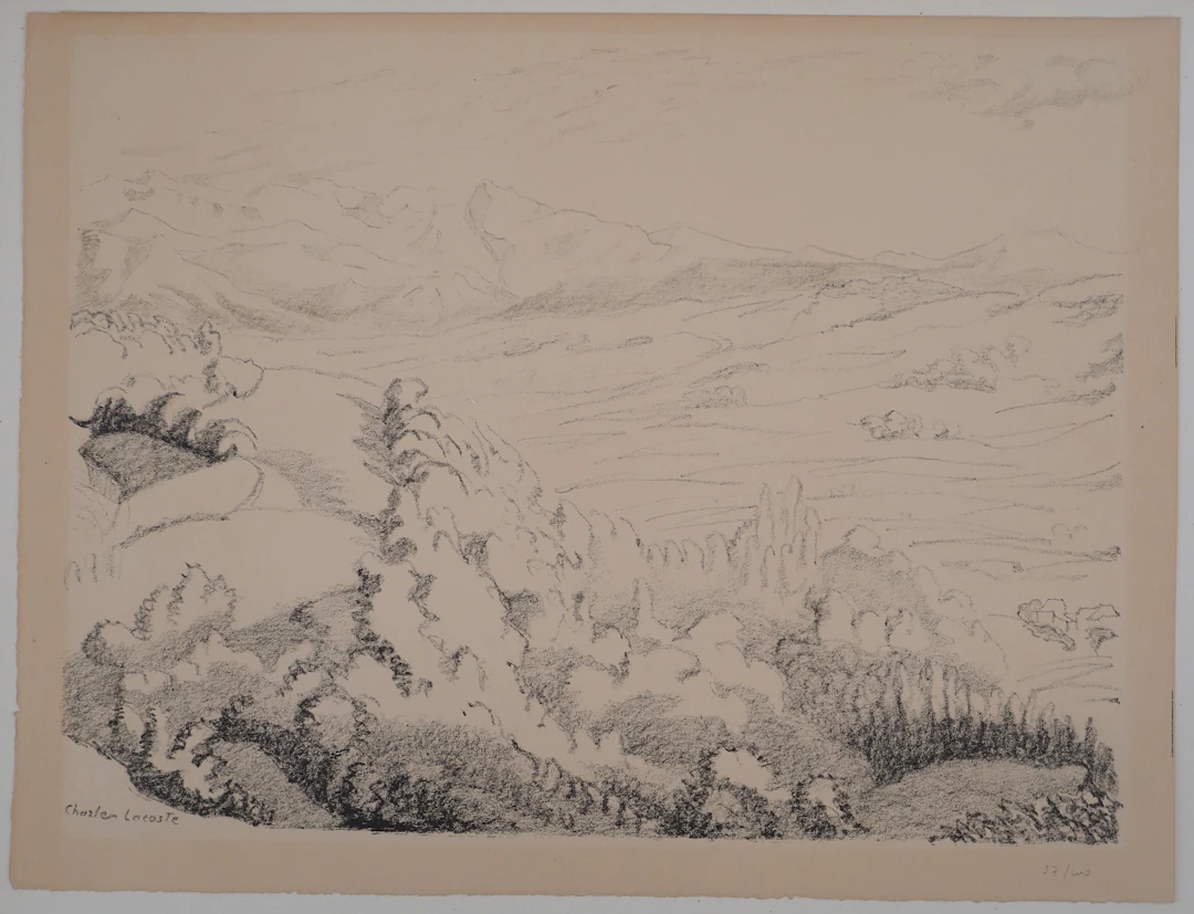 Charles LACOSTE : Béarn, collines vers Oloron - Lithographie originale, 1946