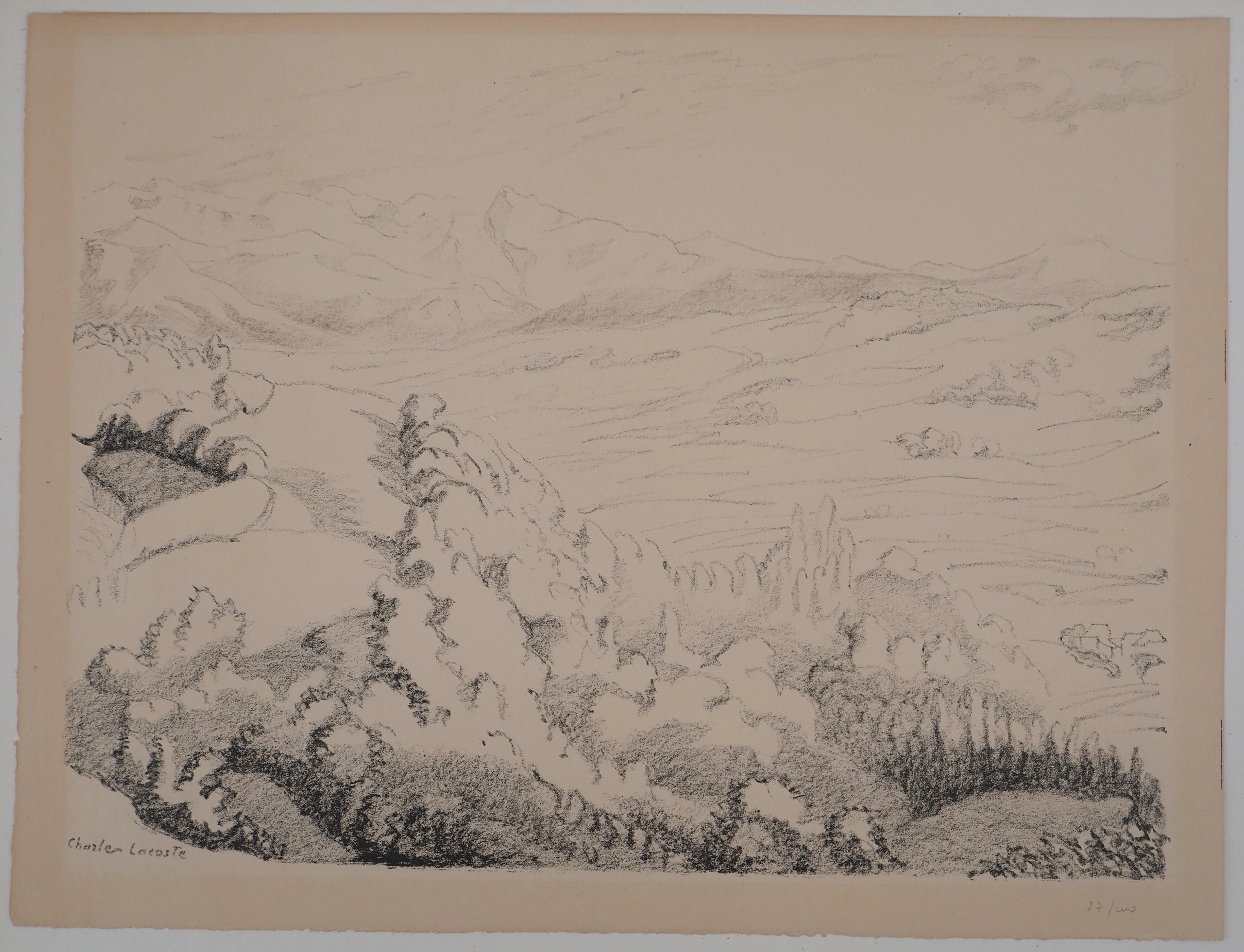Charles LACOSTE : Béarn, collines vers Oloron - Lithographie originale, 1946