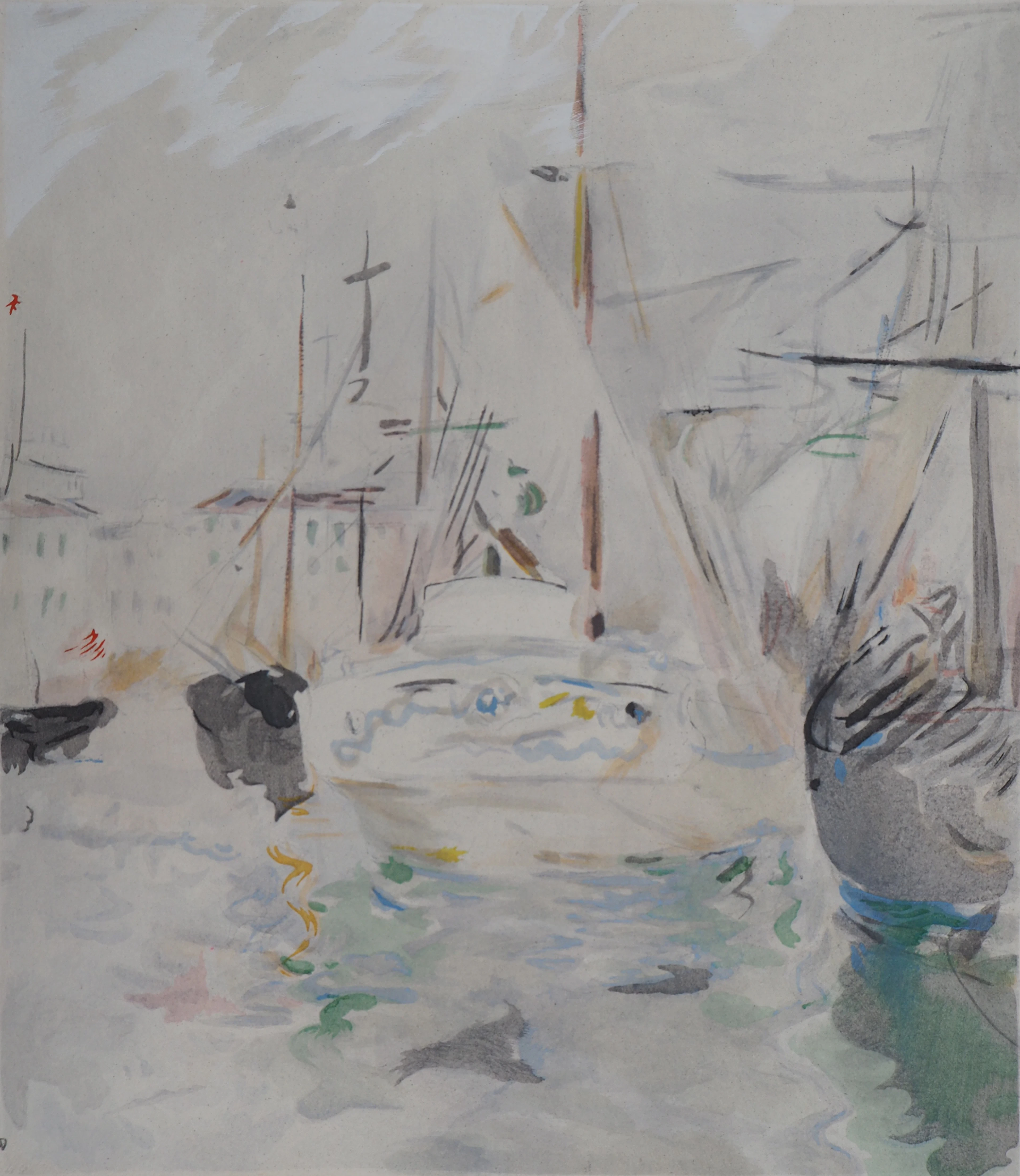 Berthe MORISOT (d’après) : Voiliers à Saint Tropez - Lithographie, Signée 1946
