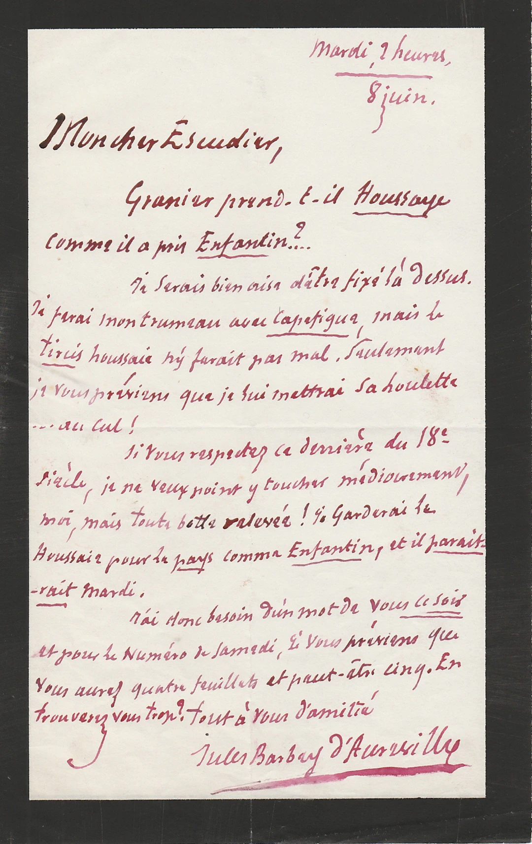 Jules BARBEY D’AUREVILLY - Lettre autographe signée