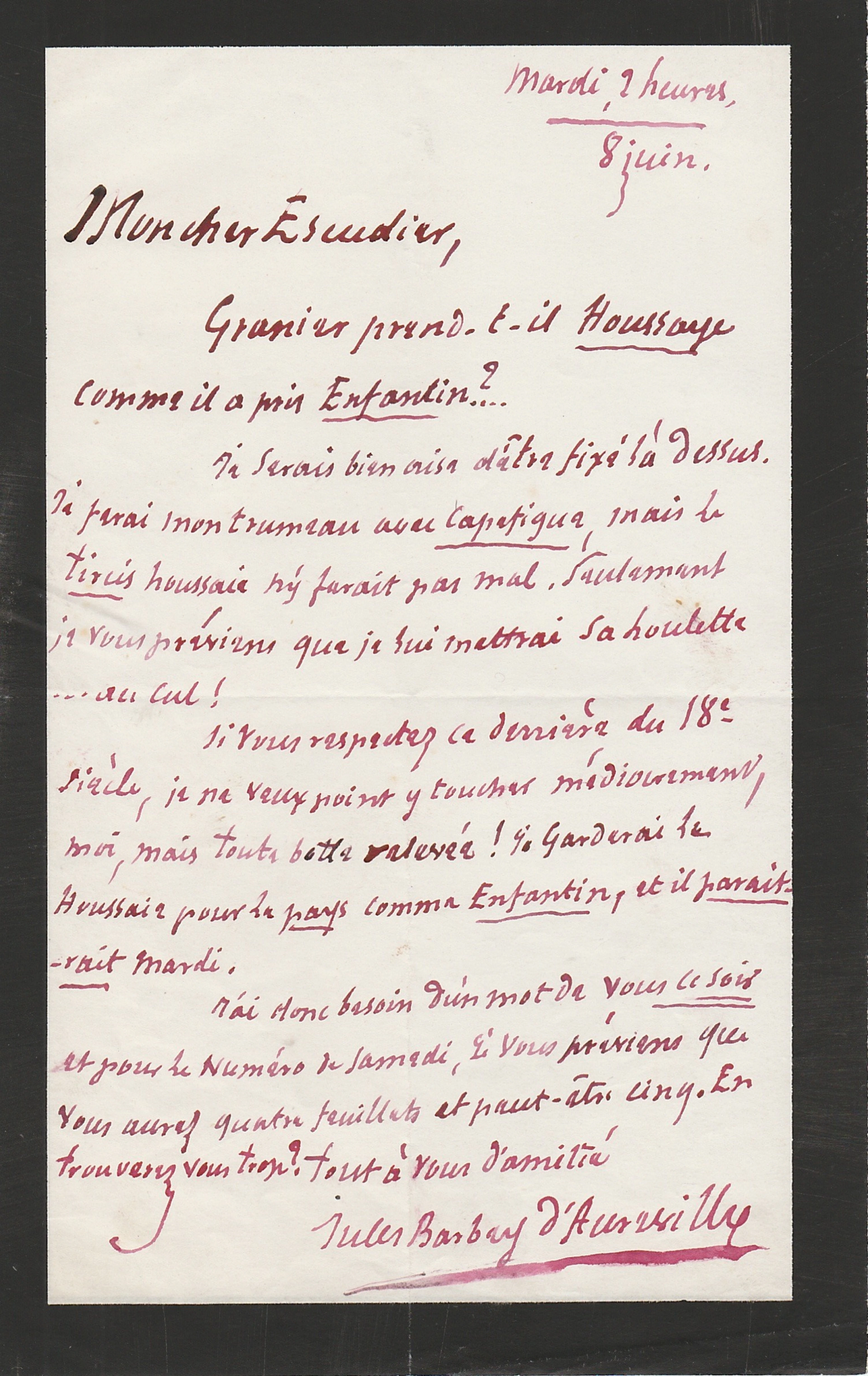 Jules BARBEY D’AUREVILLY - Lettre autographe signée