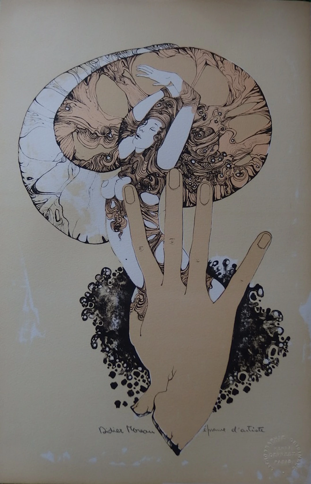 Didier MOREAU - Femme entourée par ses cheveux, Lithographie originale signée