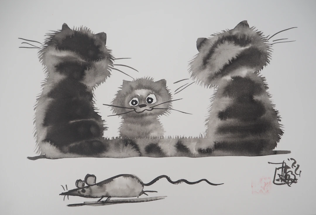 Laszlo TIBAY - Tendresse de chats - Dessin original, signé