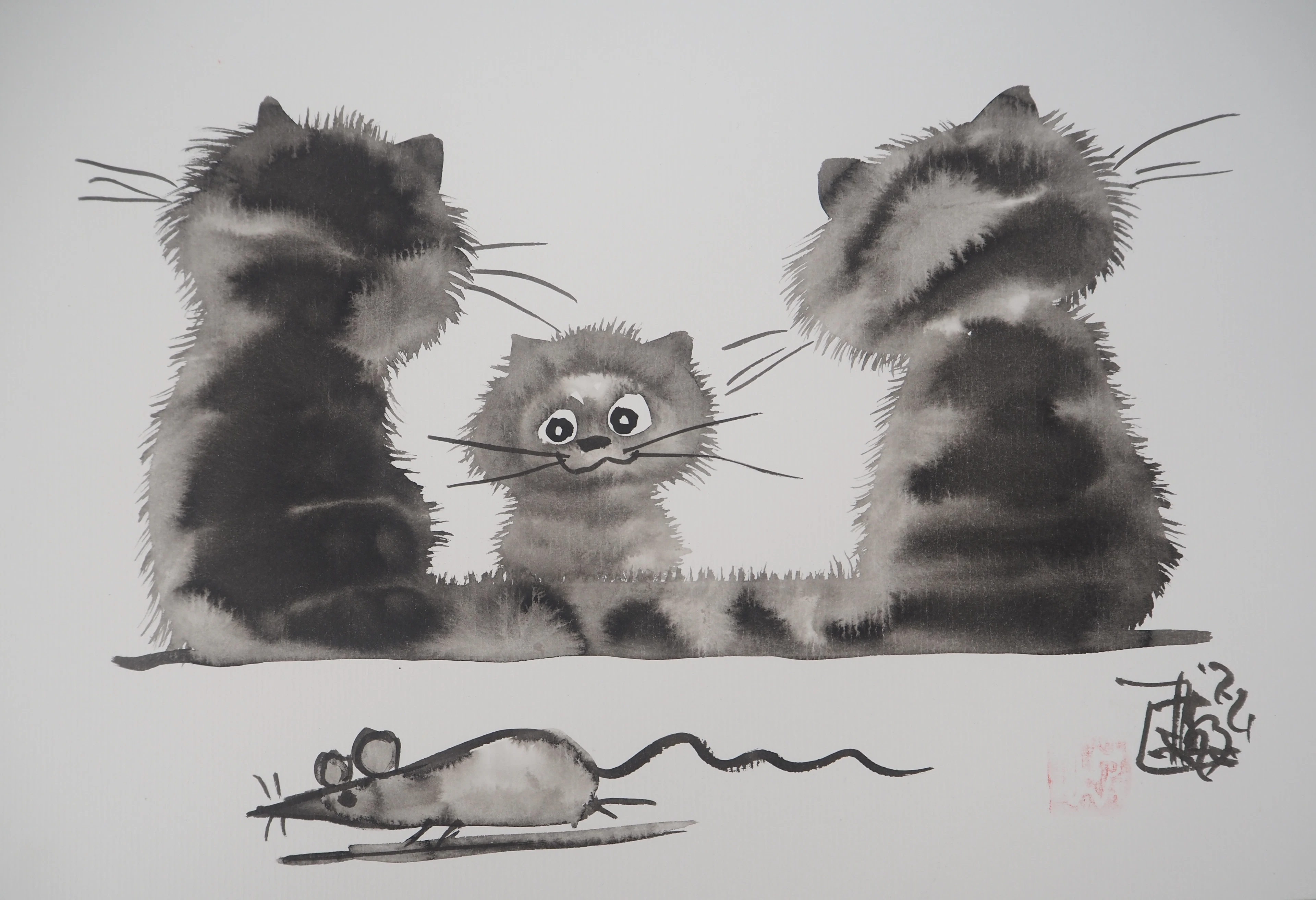 Laszlo TIBAY - Tendresse de chats - Dessin original, signé
