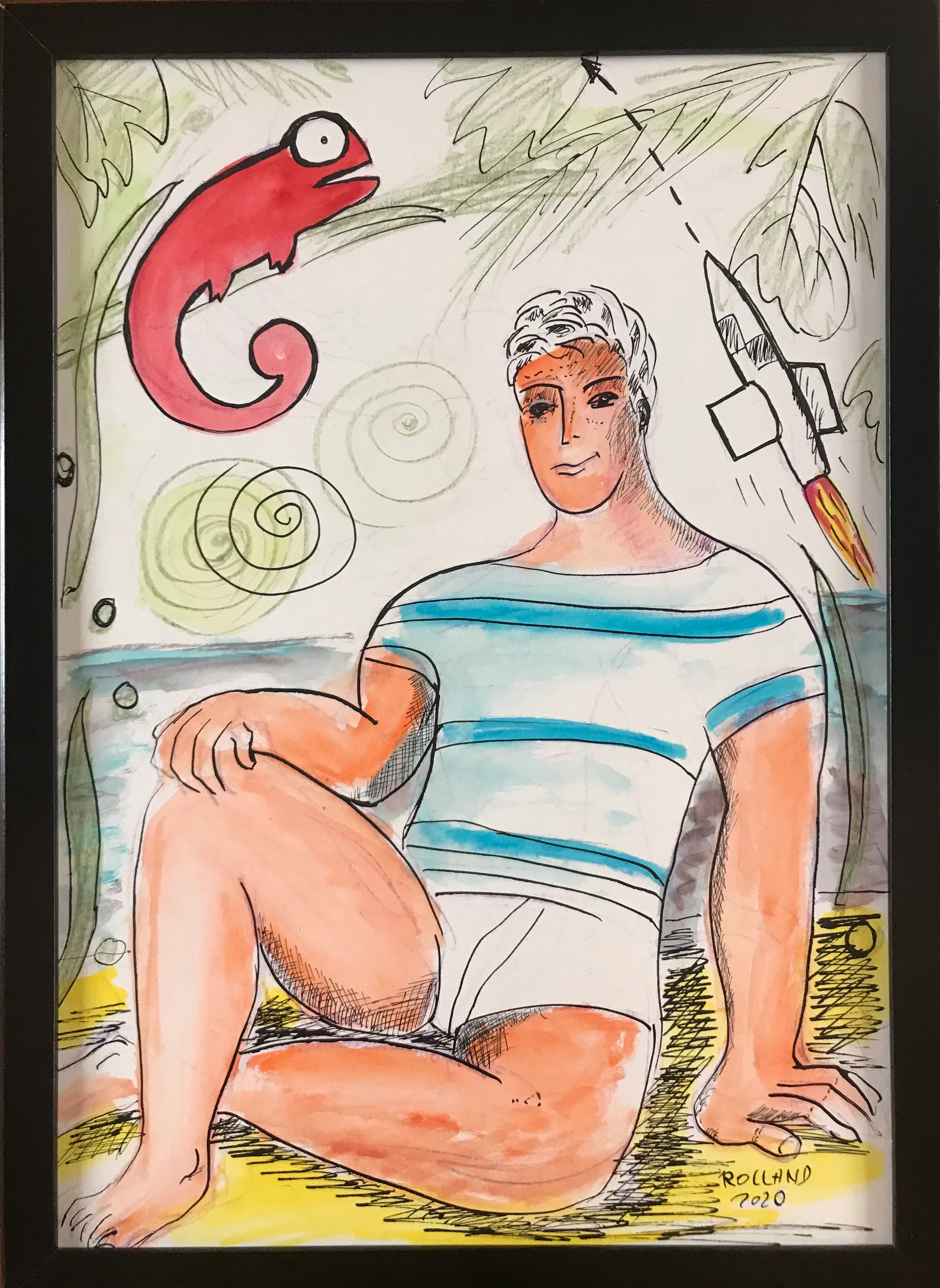 Bernard ROLLAND - Le caméléon , 2020 - Encre et aquarelle signée.