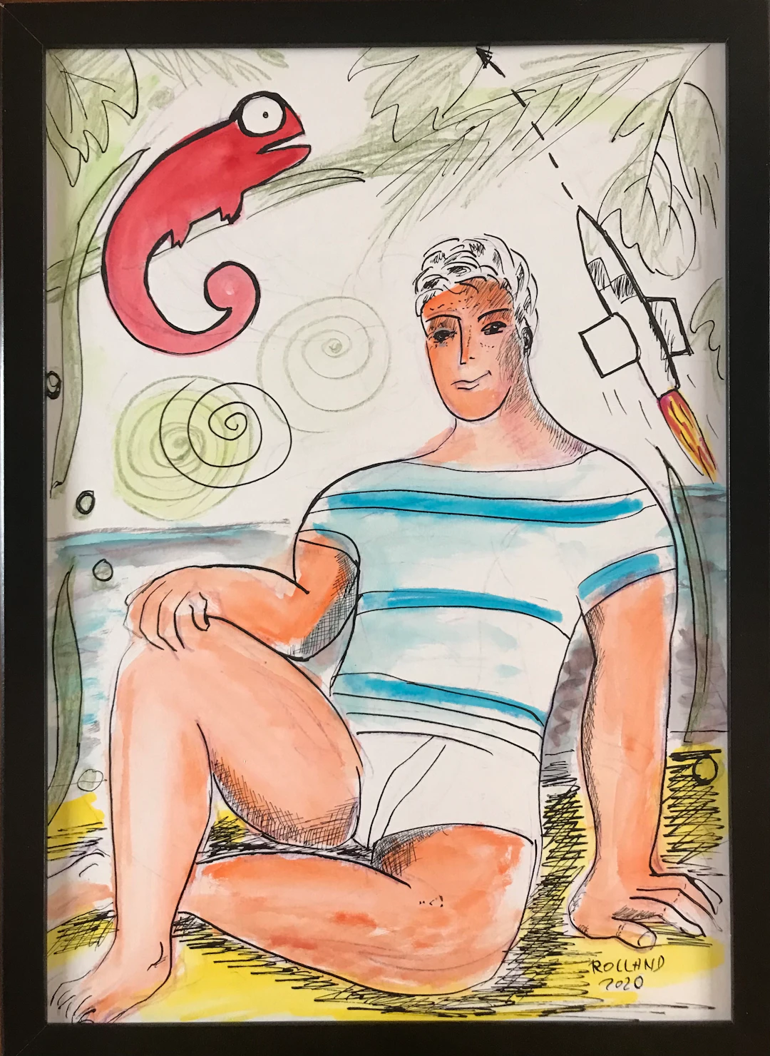 Bernard ROLLAND - Le caméléon , 2020 - Encre et aquarelle signée.
