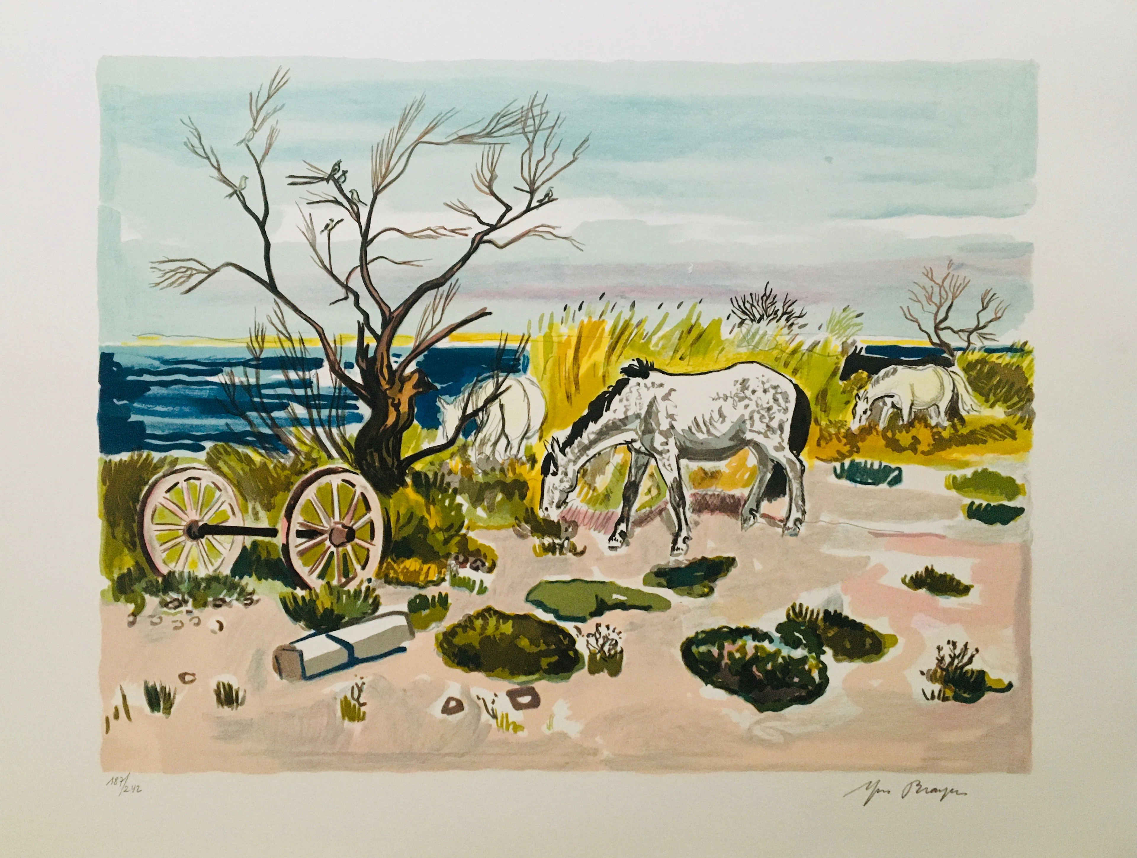 Yves BRAYER - Chevaux au bord de l’étang, 1973 - Lithographie signée au crayon