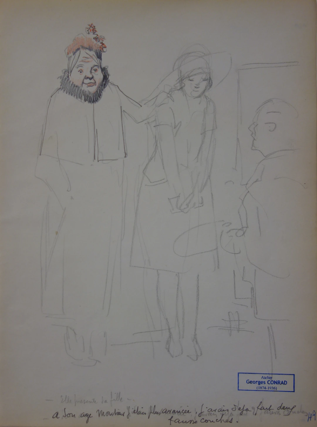 Georges CONRAD : Jeune fille avec sa gouvernante, Dessin original, signé