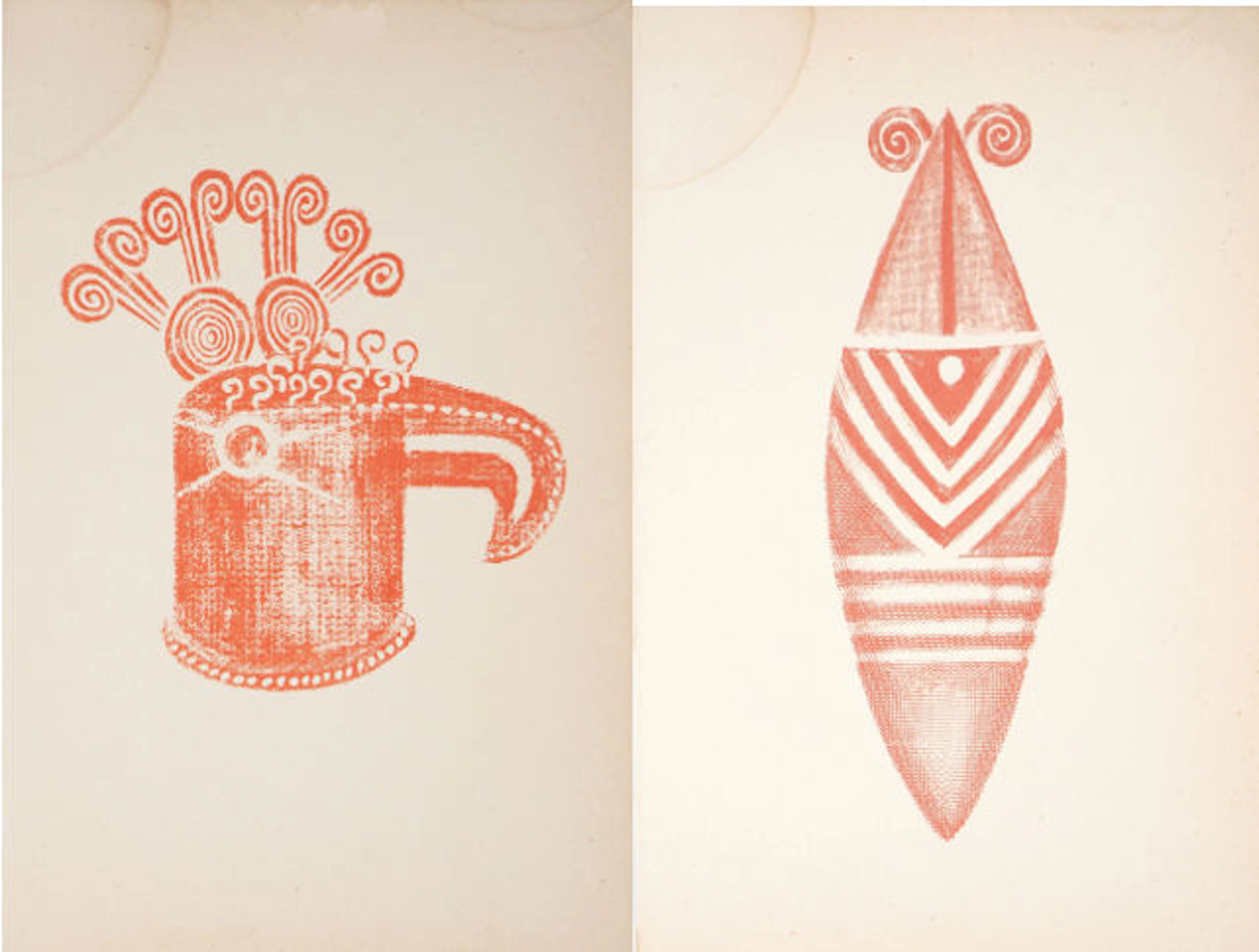 Deux lithographies à motif Précolombien : "Masques anthropomorphes"