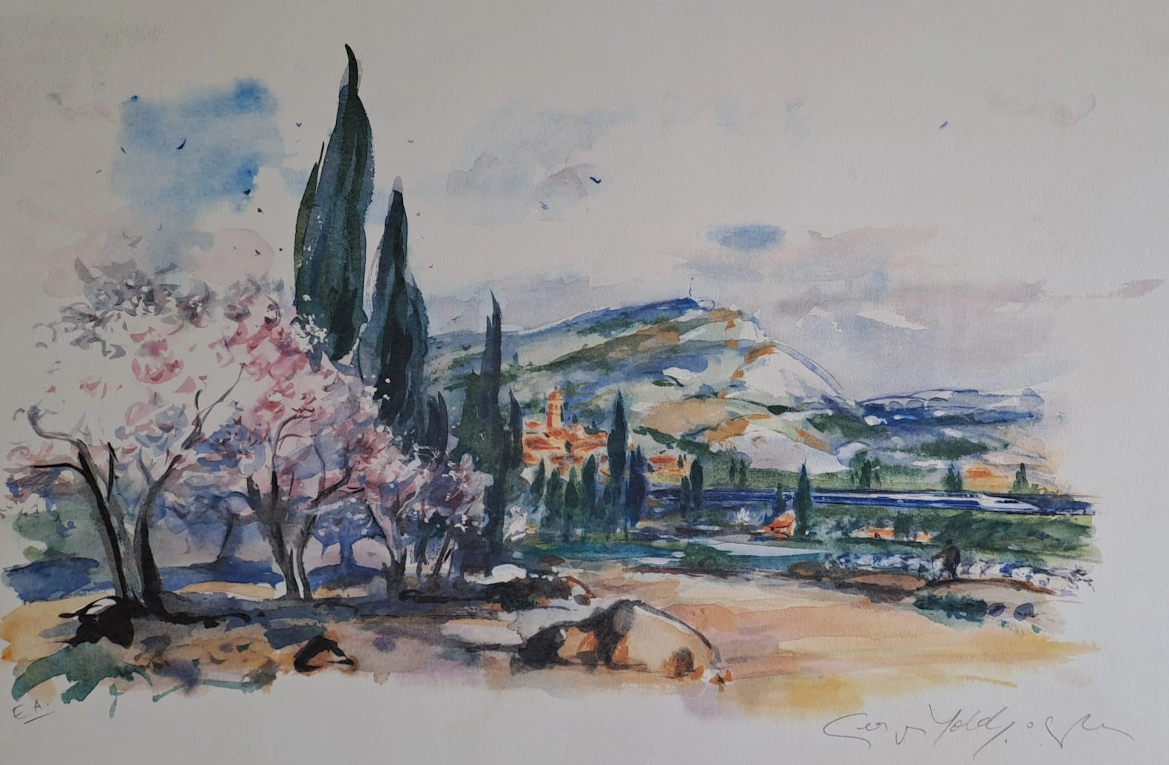 Georges Yoldjoglou - Un train traversant la vallée du Rhône - Lithographie