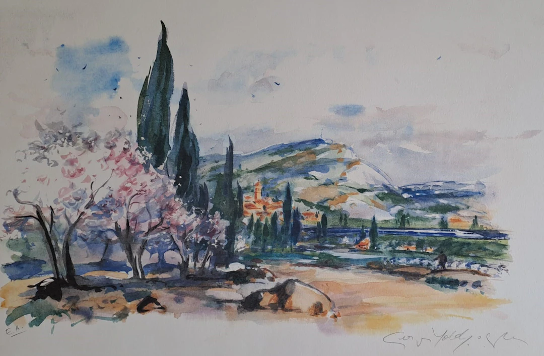 Georges Yoldjoglou - Un train traversant la vallée du Rhône - Lithographie