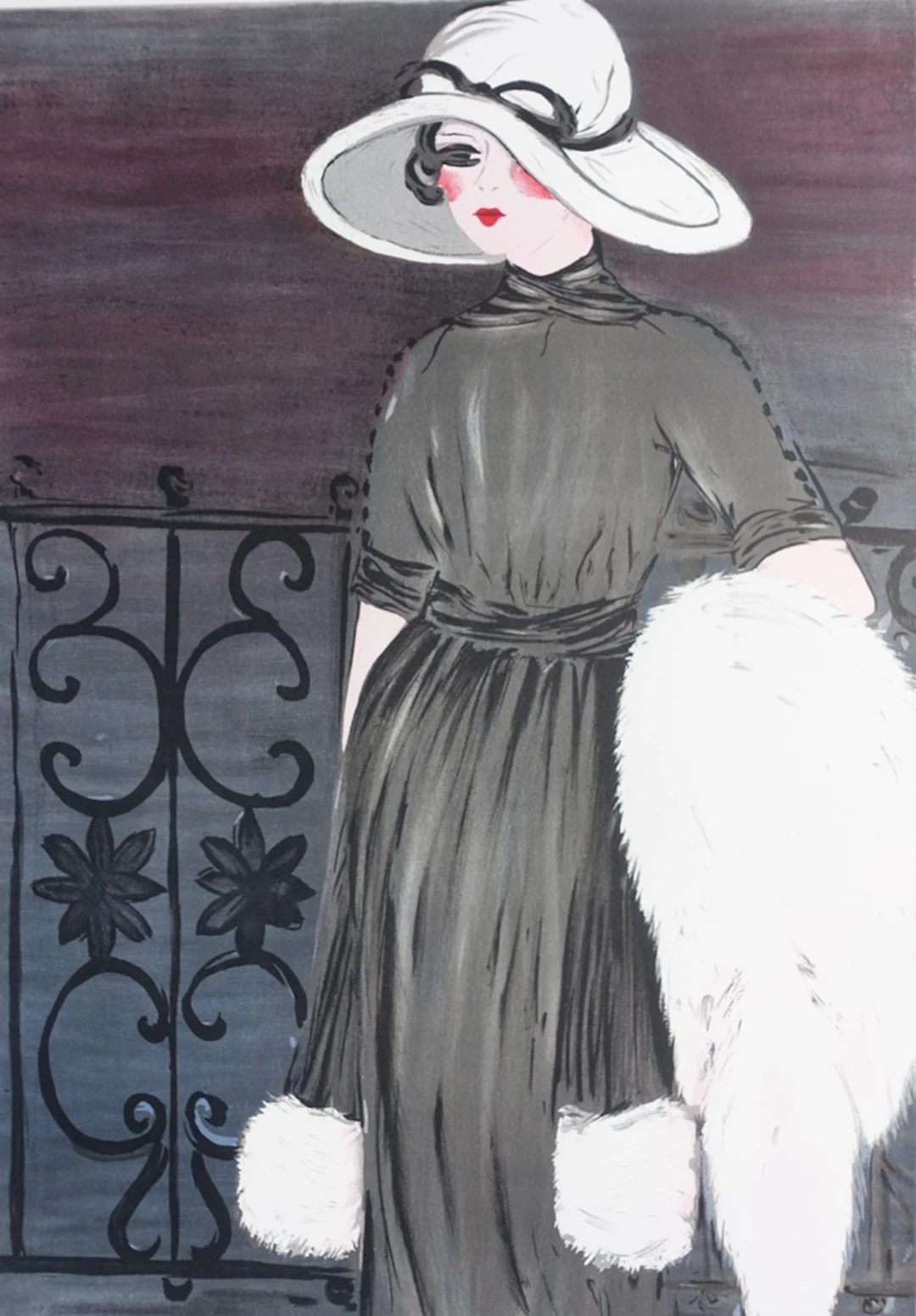 Louise SALOMON - Elegante sur le balcon - Lithographie originale signée