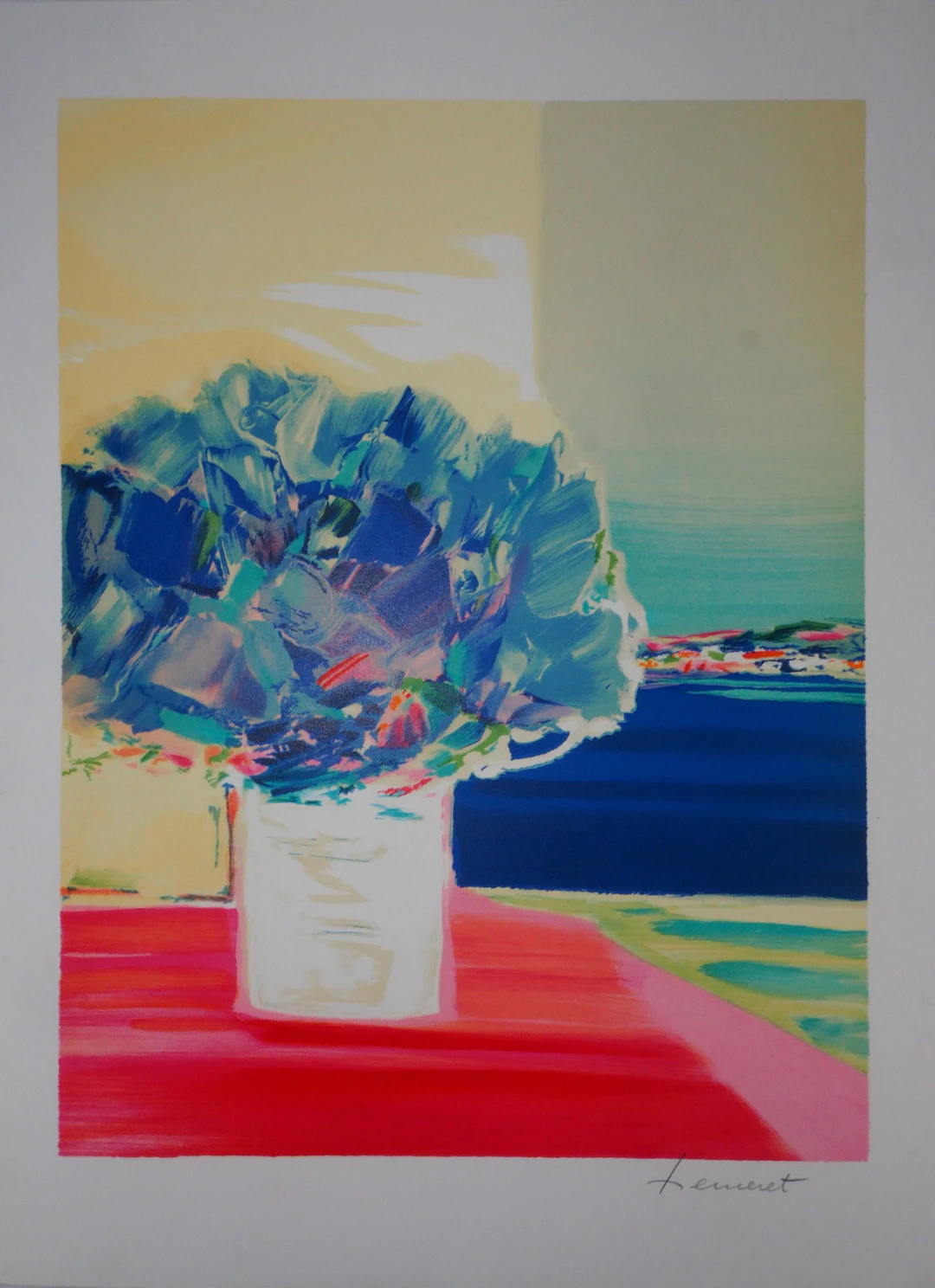 Claude HEMERET : Bouquet et fenêtre sur la mer - Lithographie Originale Signée