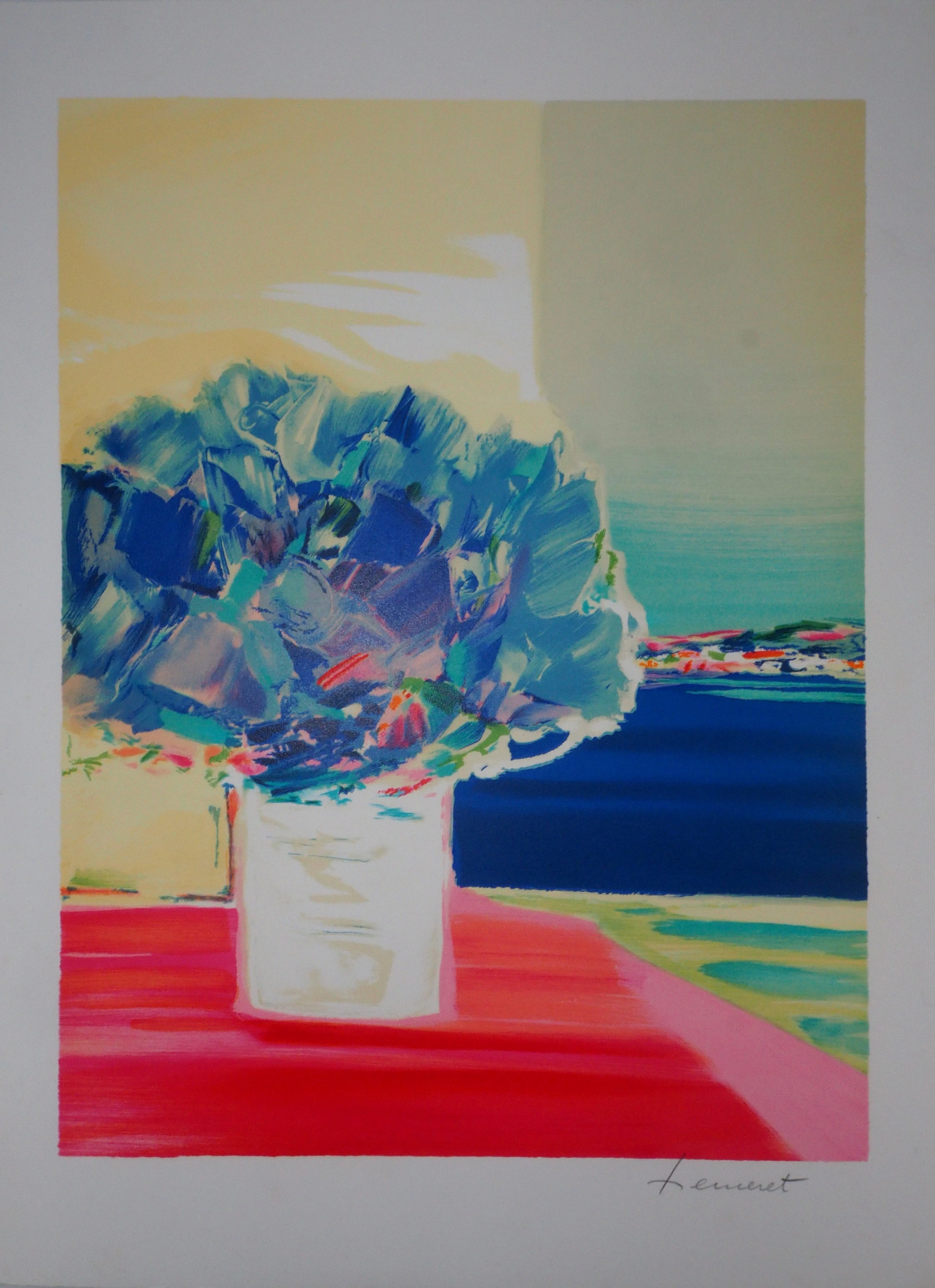 Claude HEMERET : Bouquet et fenêtre sur la mer - Lithographie Originale Signée
