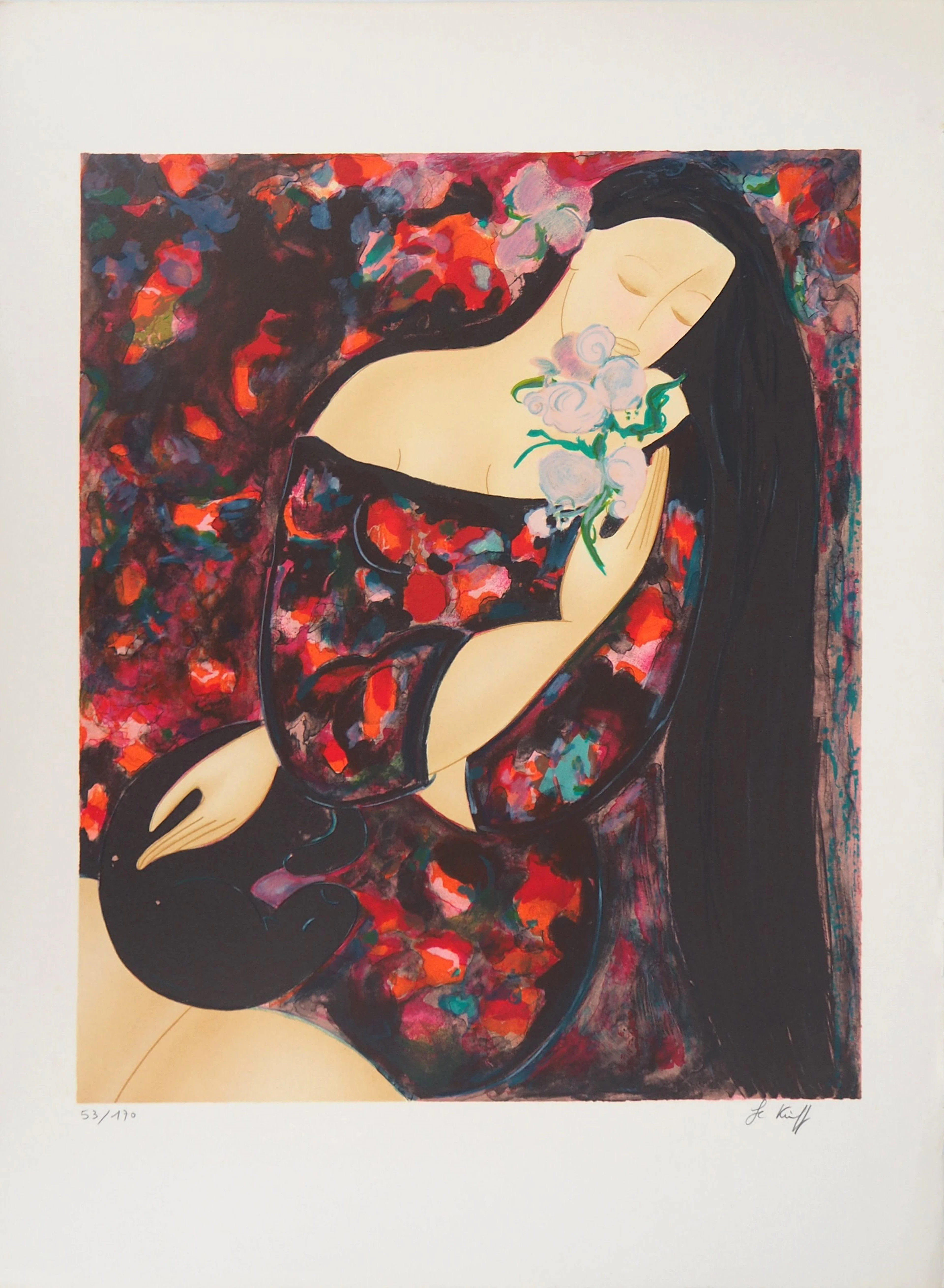 Linda LE KINFF - Femme aux fleurs - Lithographie originale signée