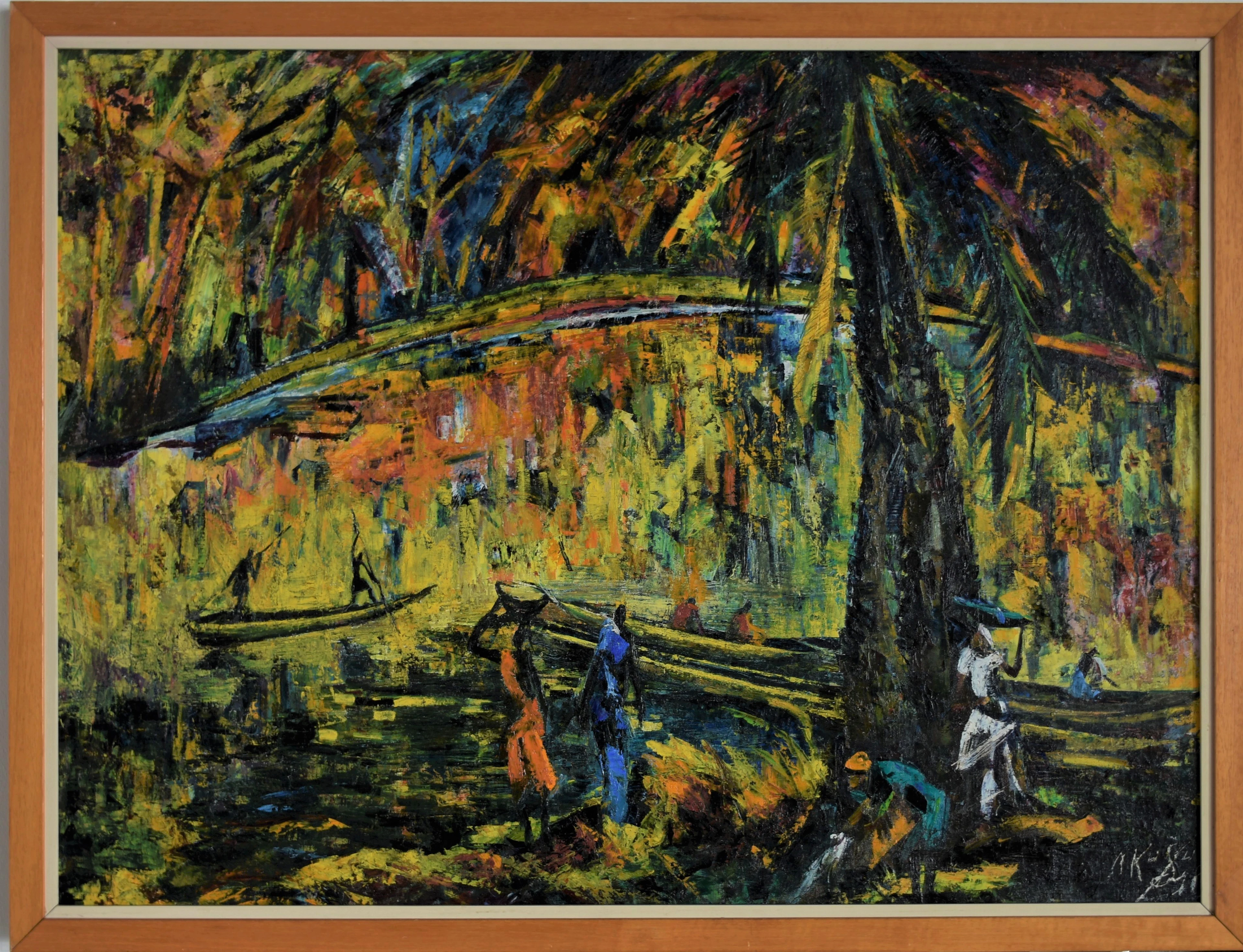 Nkusu FELELO (1914-1995) - Huile sur toile marouflée sur panneau