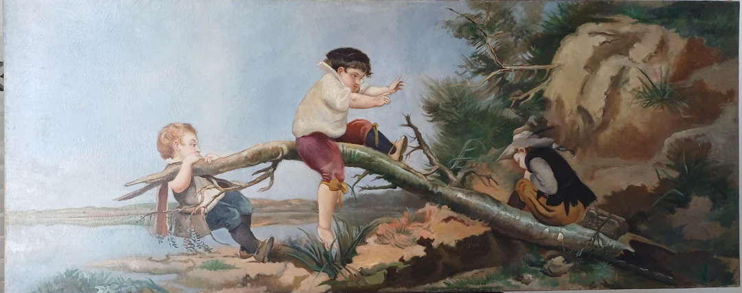 Georges SORTAIS - Trois enfants jouant sur une branche - Huile sur toile