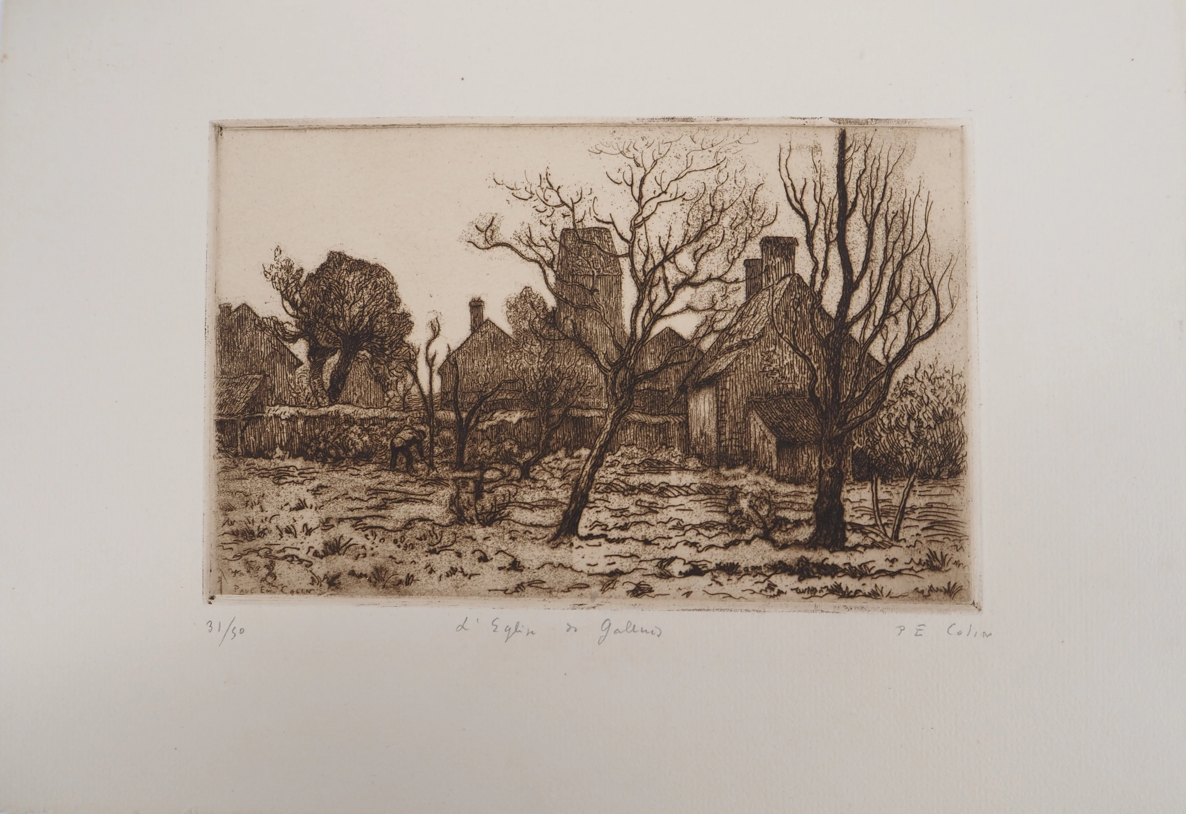 Paul Emile COLIN - Eglise de campagne, vers 1930 - Gravure originale, signée