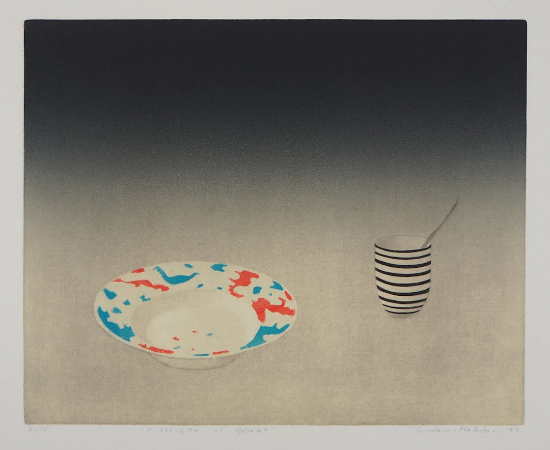 Florence SINCLAIR-MAHDAVI : Assiette et gobelet, 1985 - Gravure originale