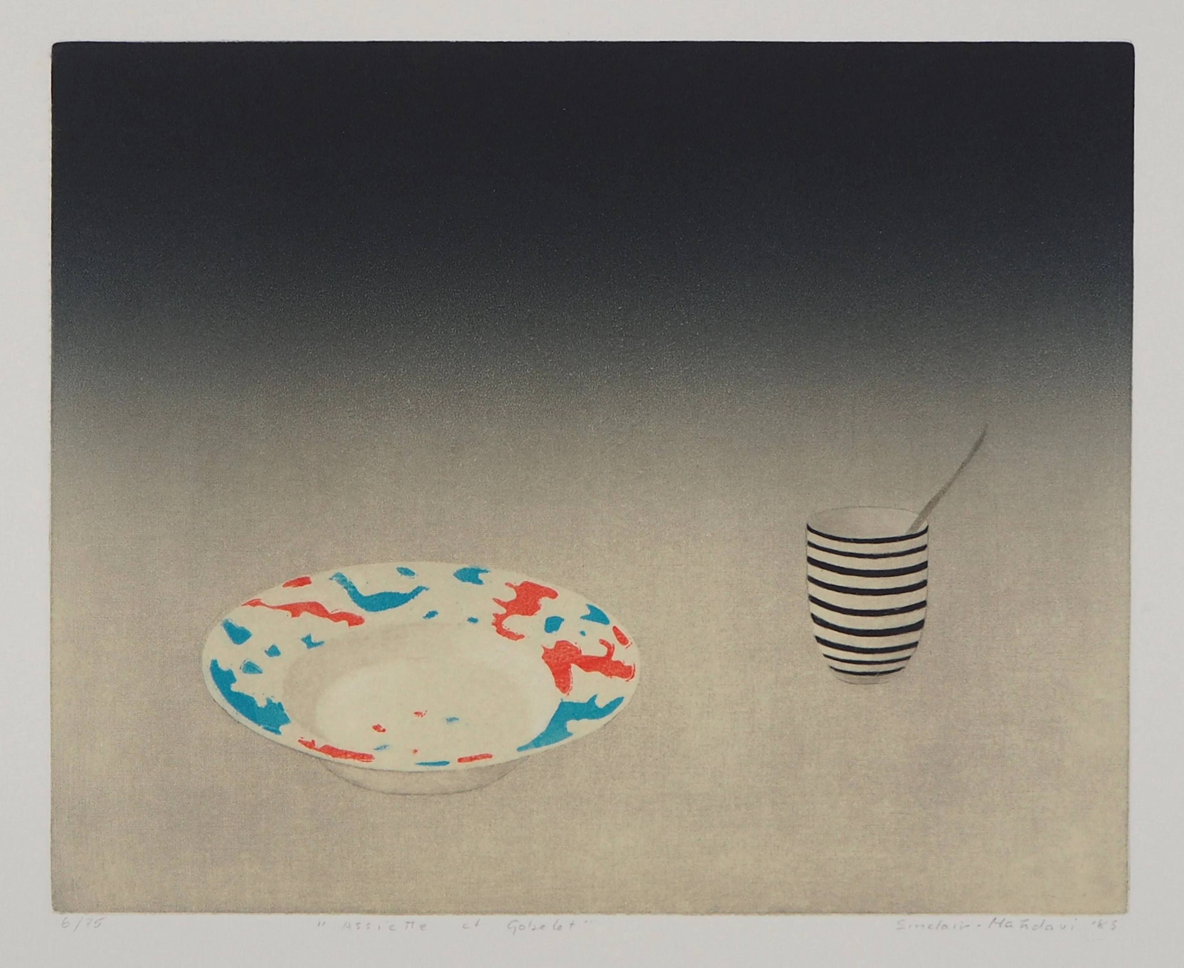 Florence SINCLAIR-MAHDAVI : Assiette et gobelet, 1985 - Gravure originale