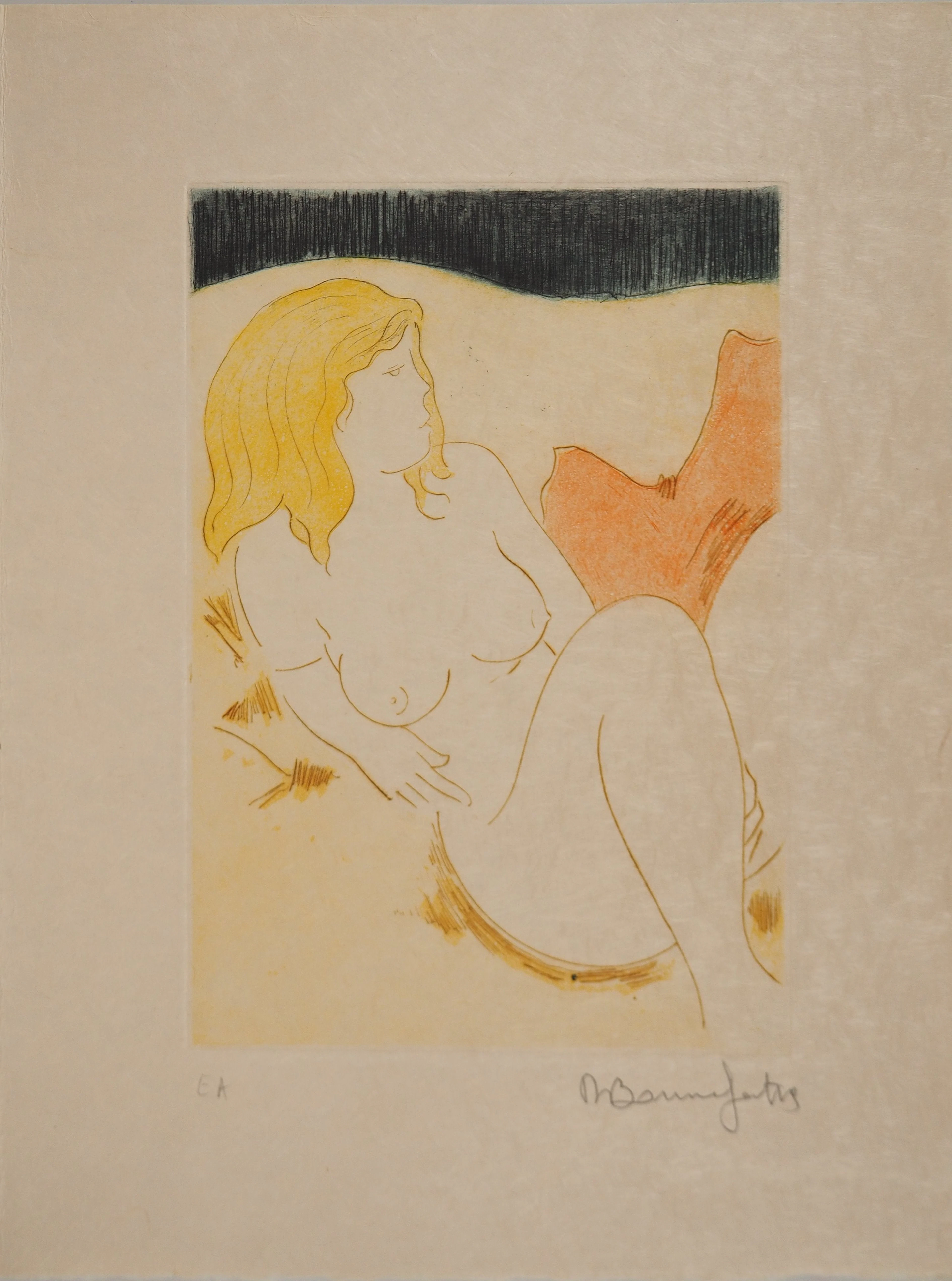Alain BONNEFOIT : Nu blond au divan, Gravure originale signée