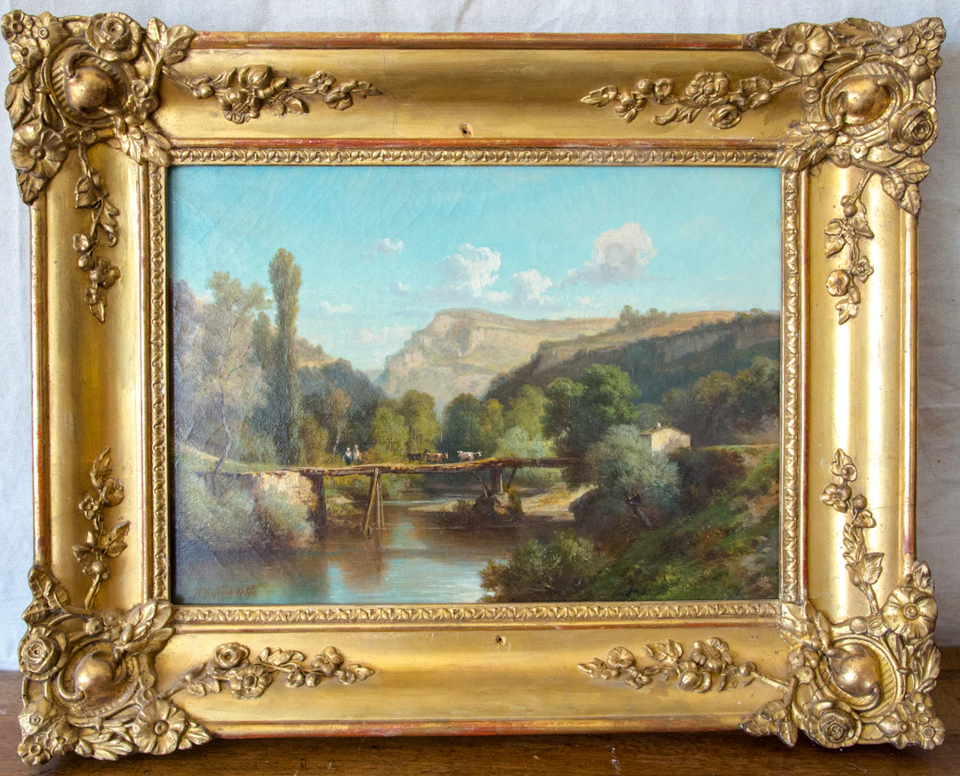 Nicolas-Victor FONVILLE - Paysage au pont, XIXe siècle - Huile sur toile