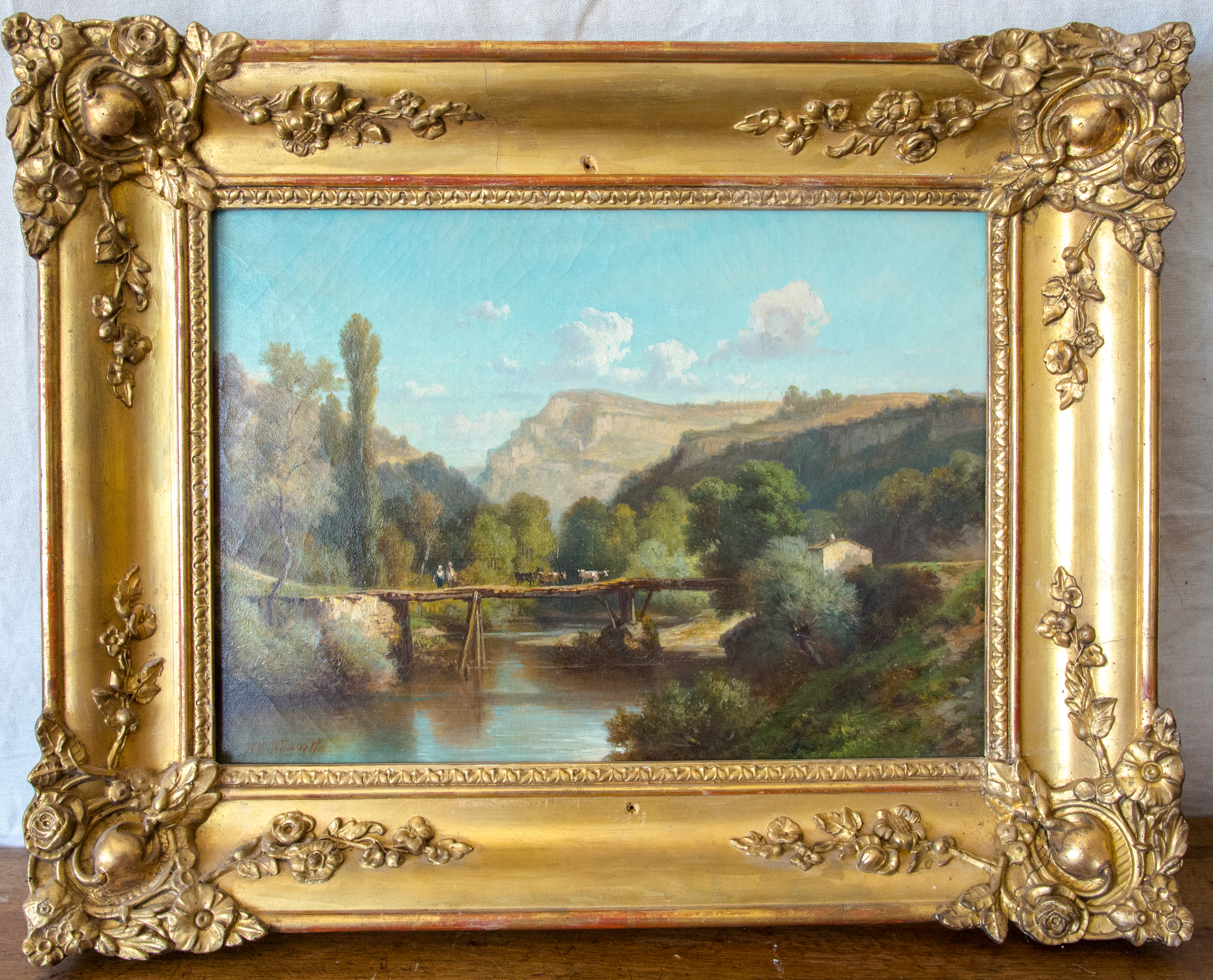 Nicolas-Victor FONVILLE - Paysage au pont, XIXe siècle - Huile sur toile