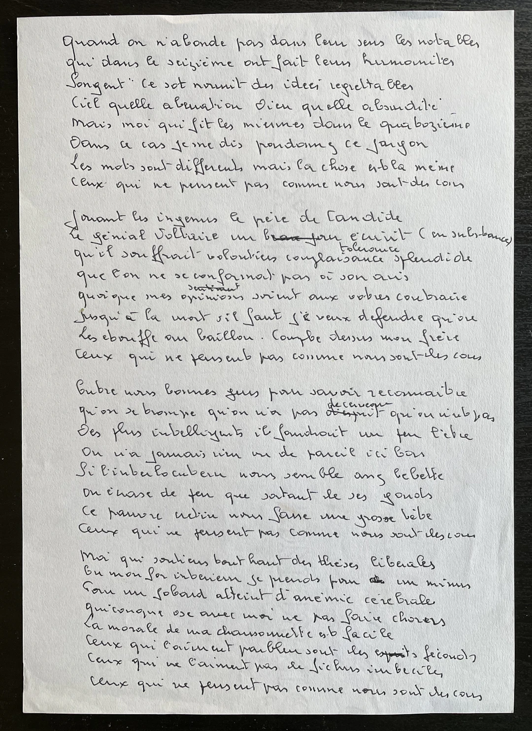 Georges BRASSENS - Chanson autographe manuscrite