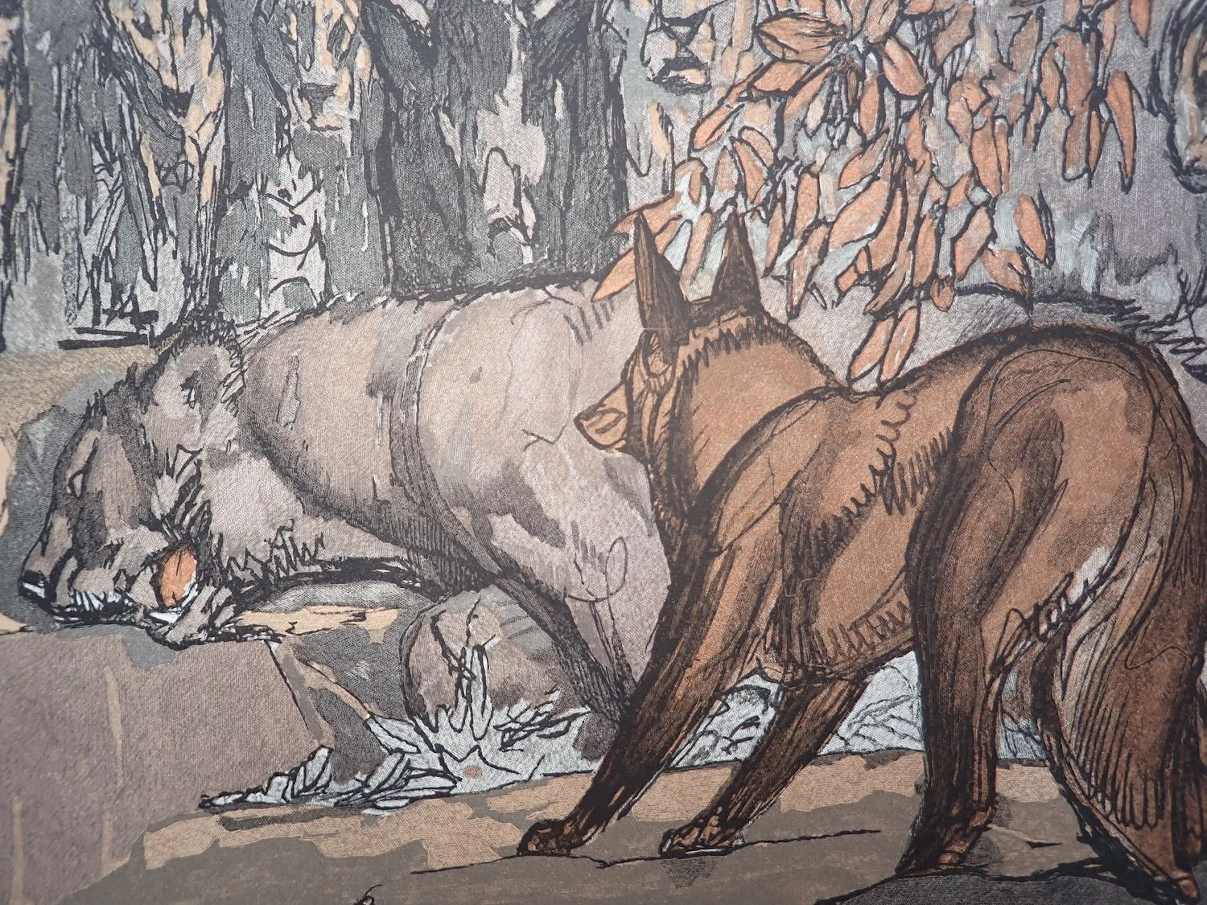 Paul JOUVE - Le renard et le rechigné - Gravure sur bois