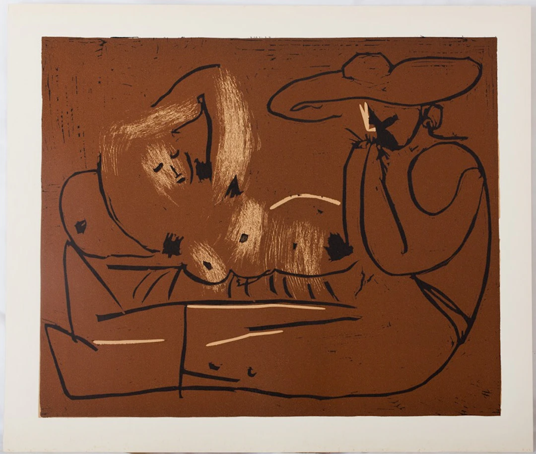 Pablo PICASSO : Nu couché et musicien au chapeau - Linogravure (1962)