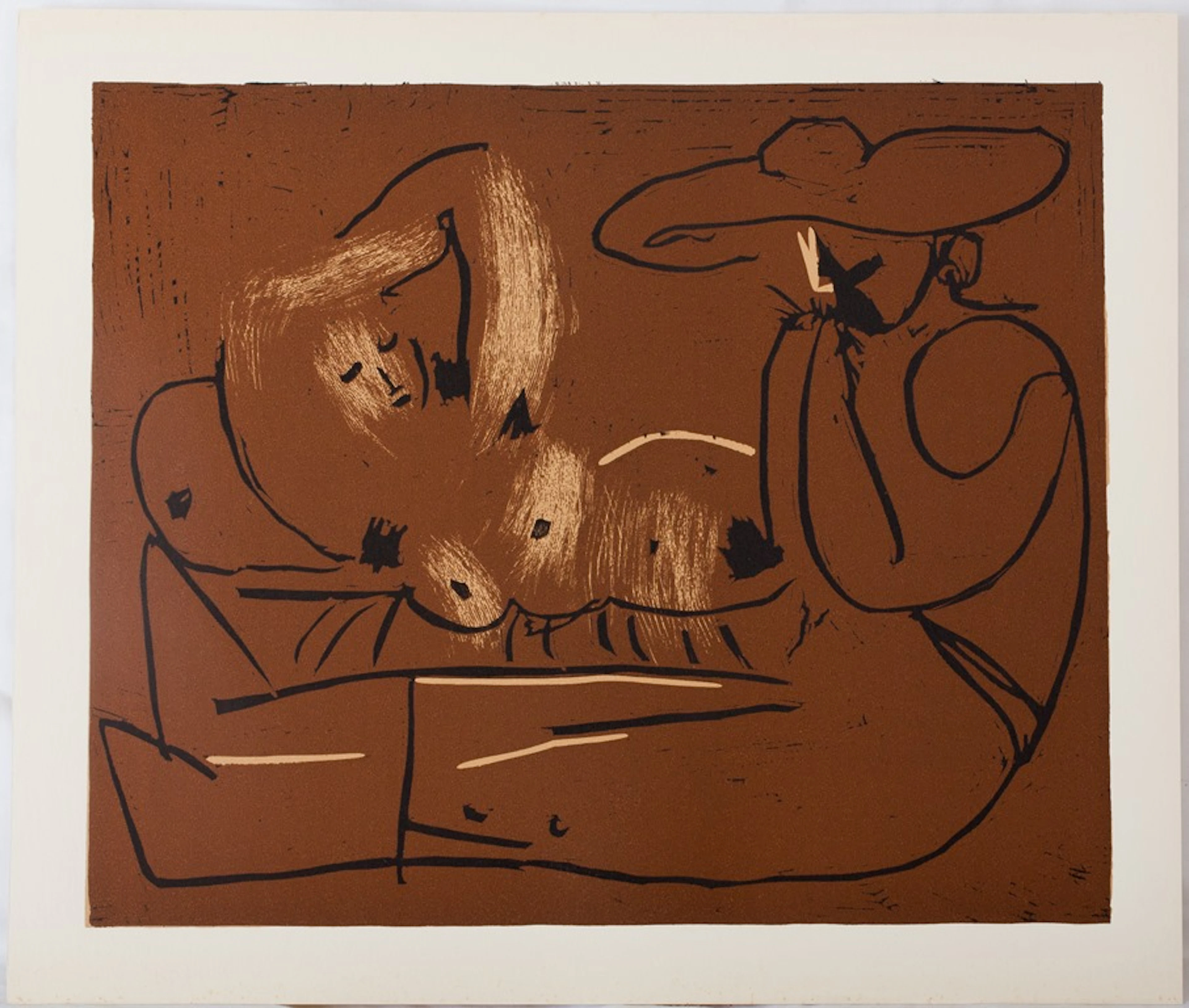 Pablo PICASSO : Nu couché et musicien au chapeau - Linogravure (1962)