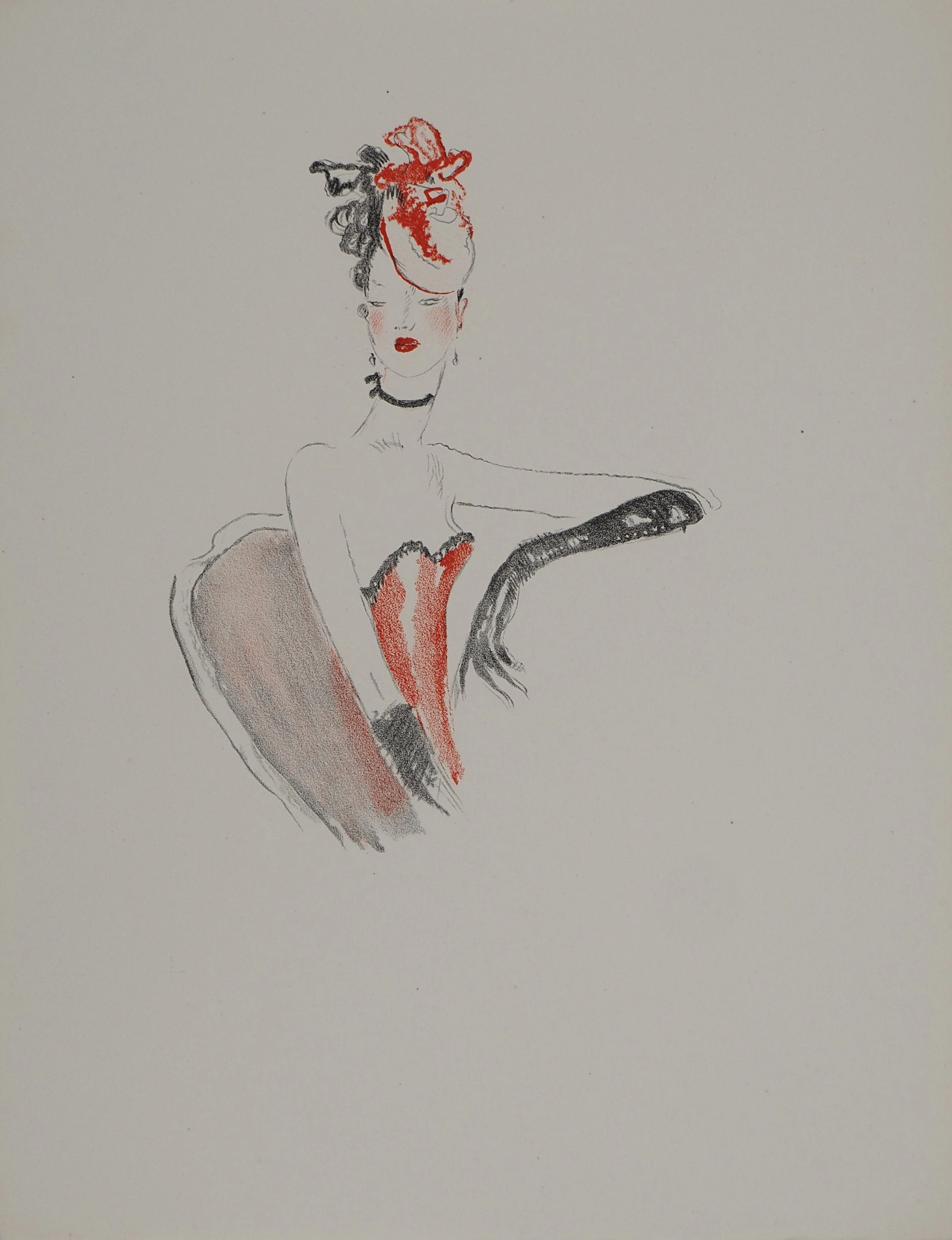Jean-Gabriel DOMERGUE : Danseuse au bibi rouge, Lithographie et pochoir